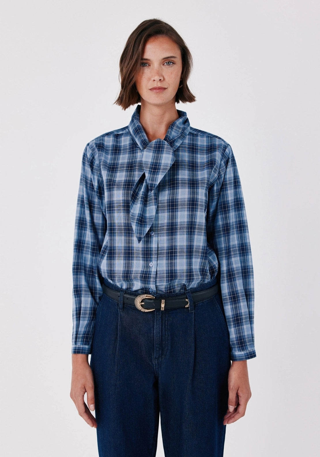 Plaid Tie Collar Blouse - Blue Print