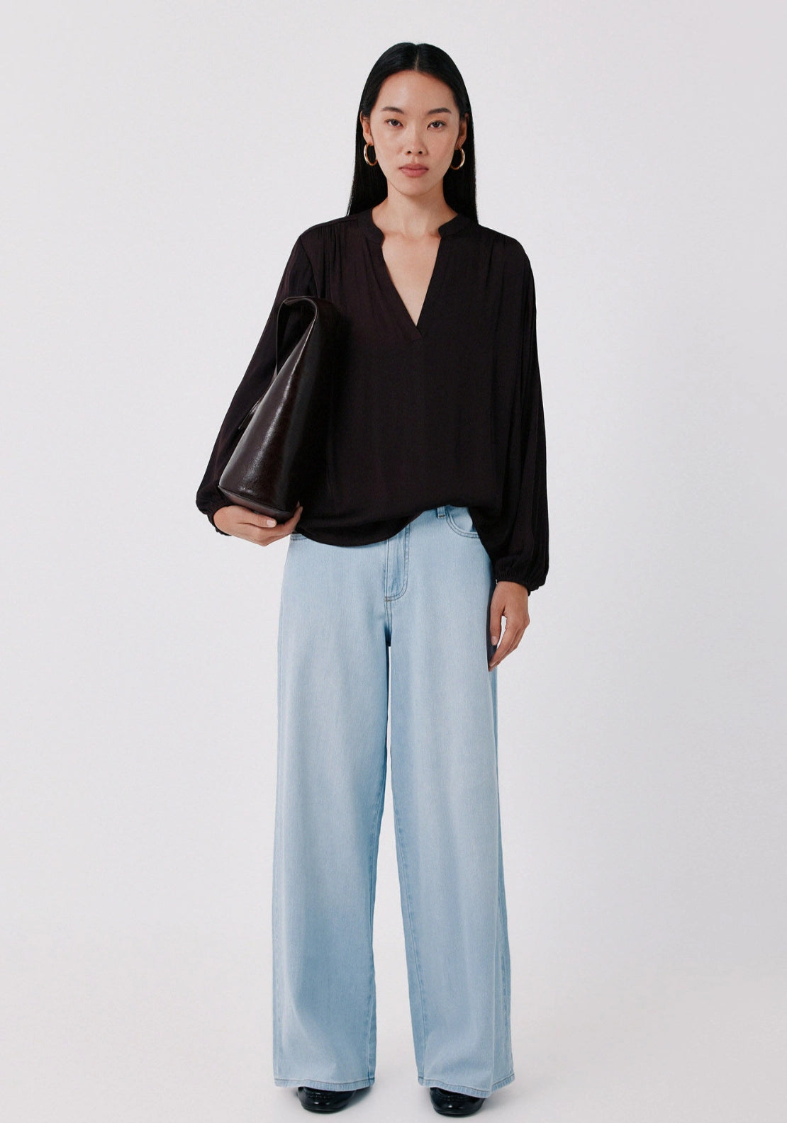 Satin-Finish Fluid Blouse - Dark Brown
