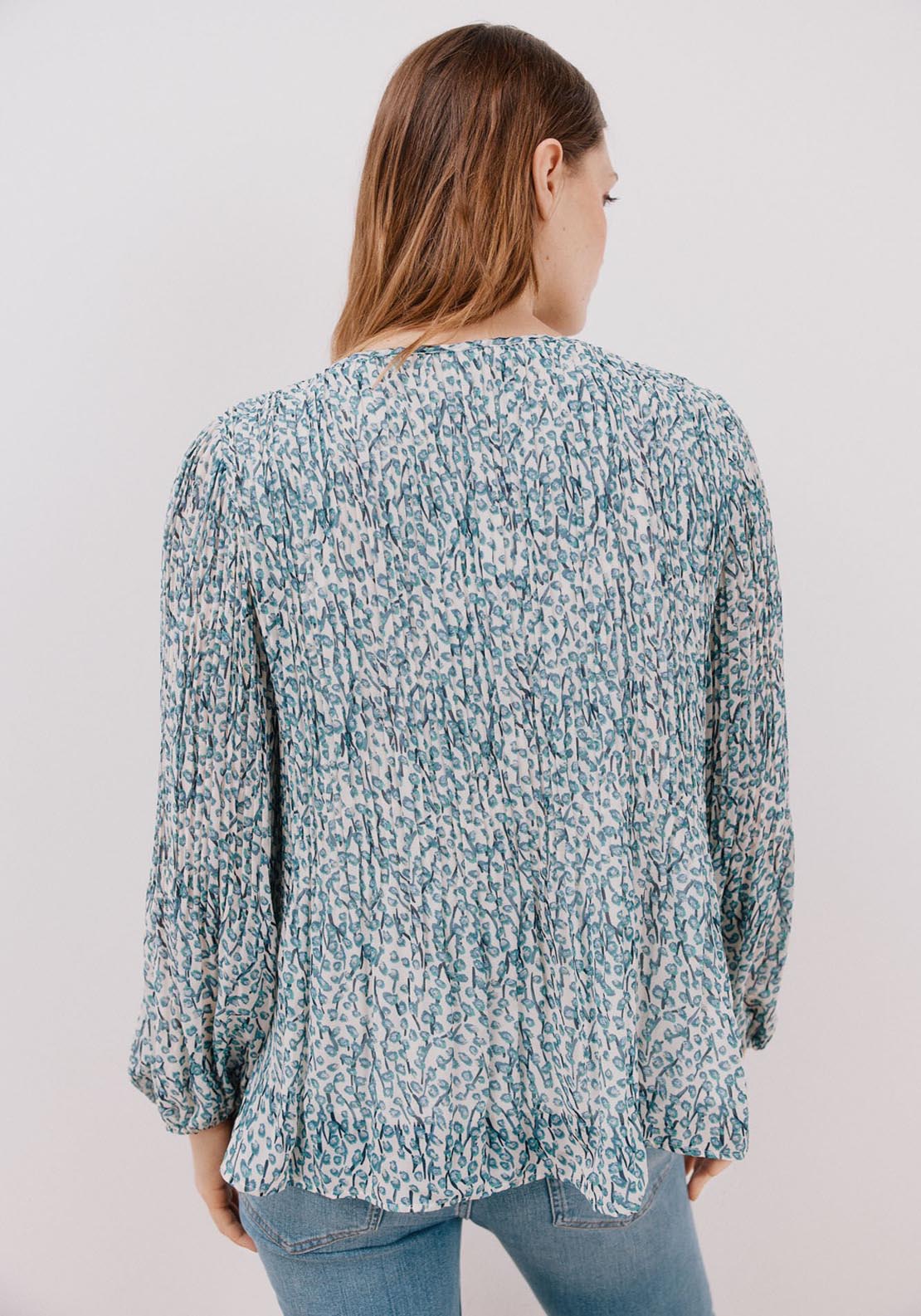 Cortefiel Pleated V-Neckline Blouse - White Print 5 Shaws Department Stores
