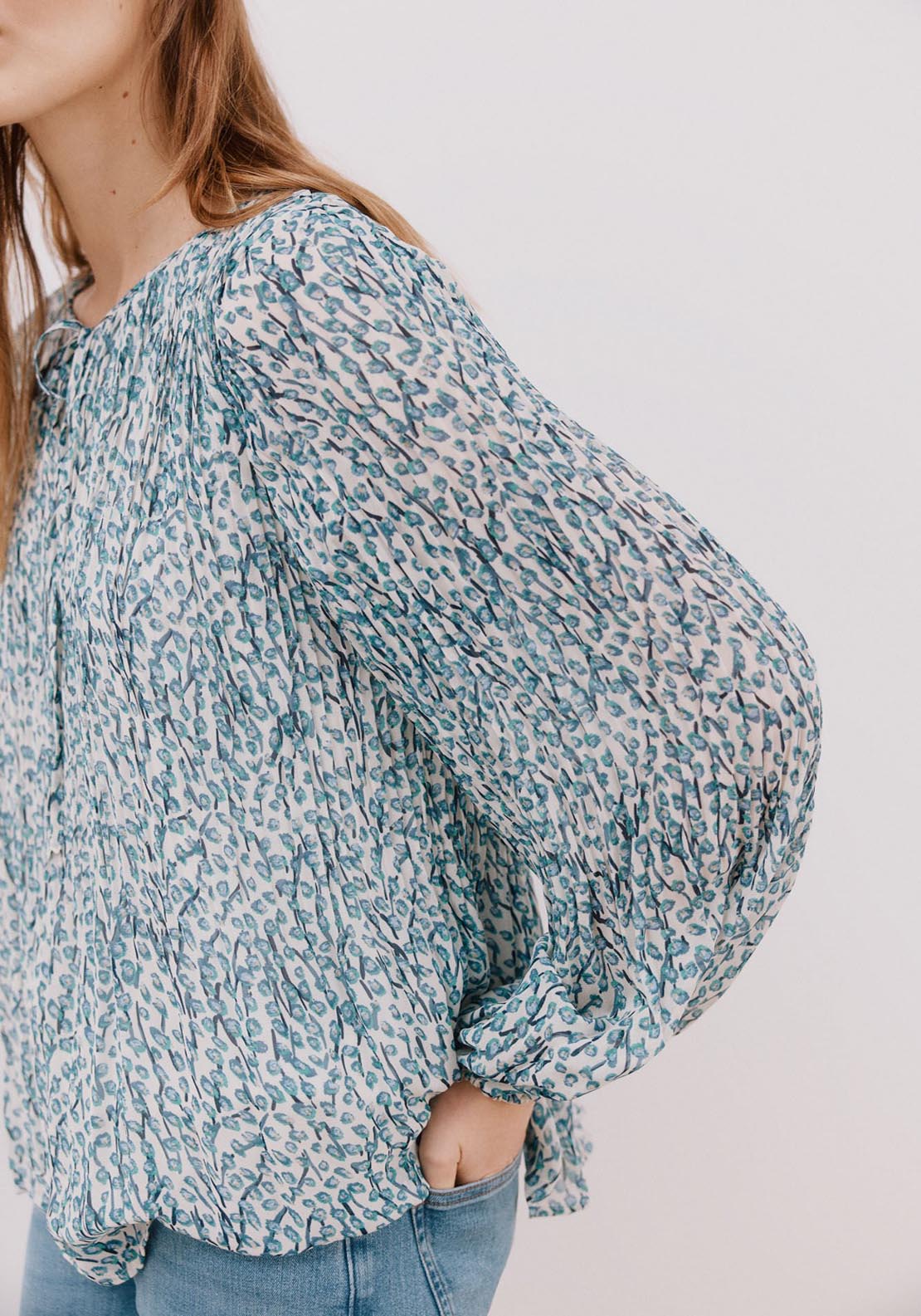 Cortefiel Pleated V-Neckline Blouse - White Print 2 Shaws Department Stores