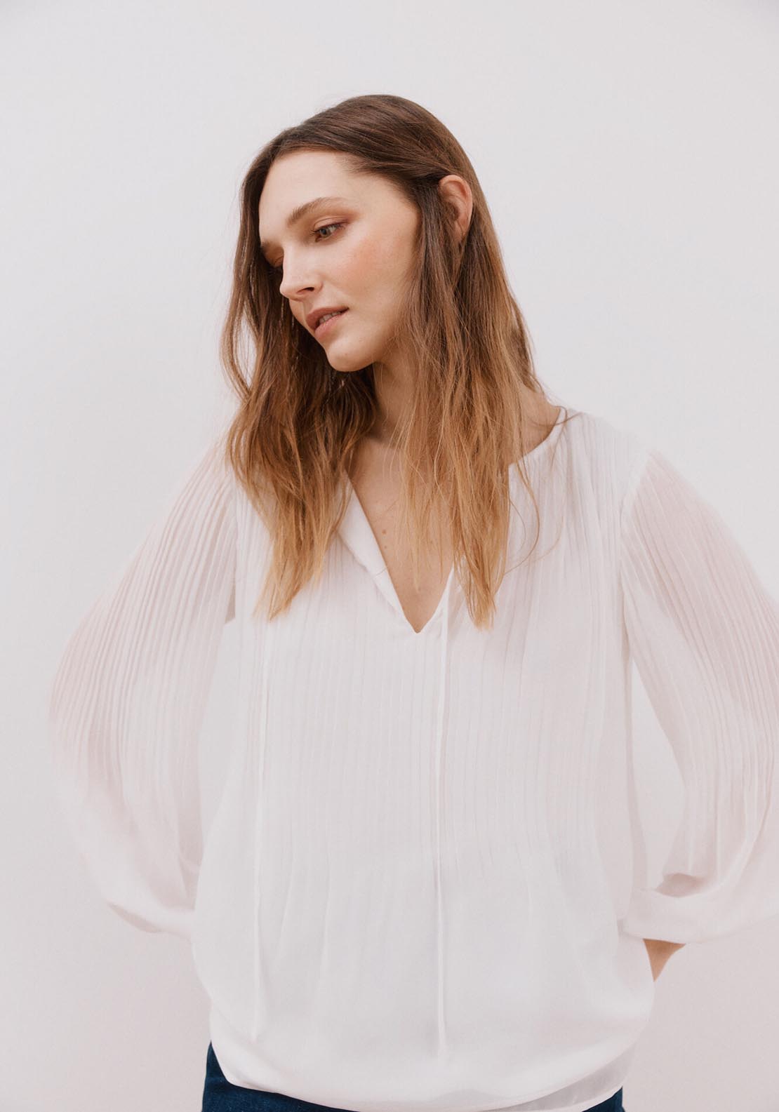 Cortefiel Pleated V Neckline Blouse - White 3 Shaws Department Stores