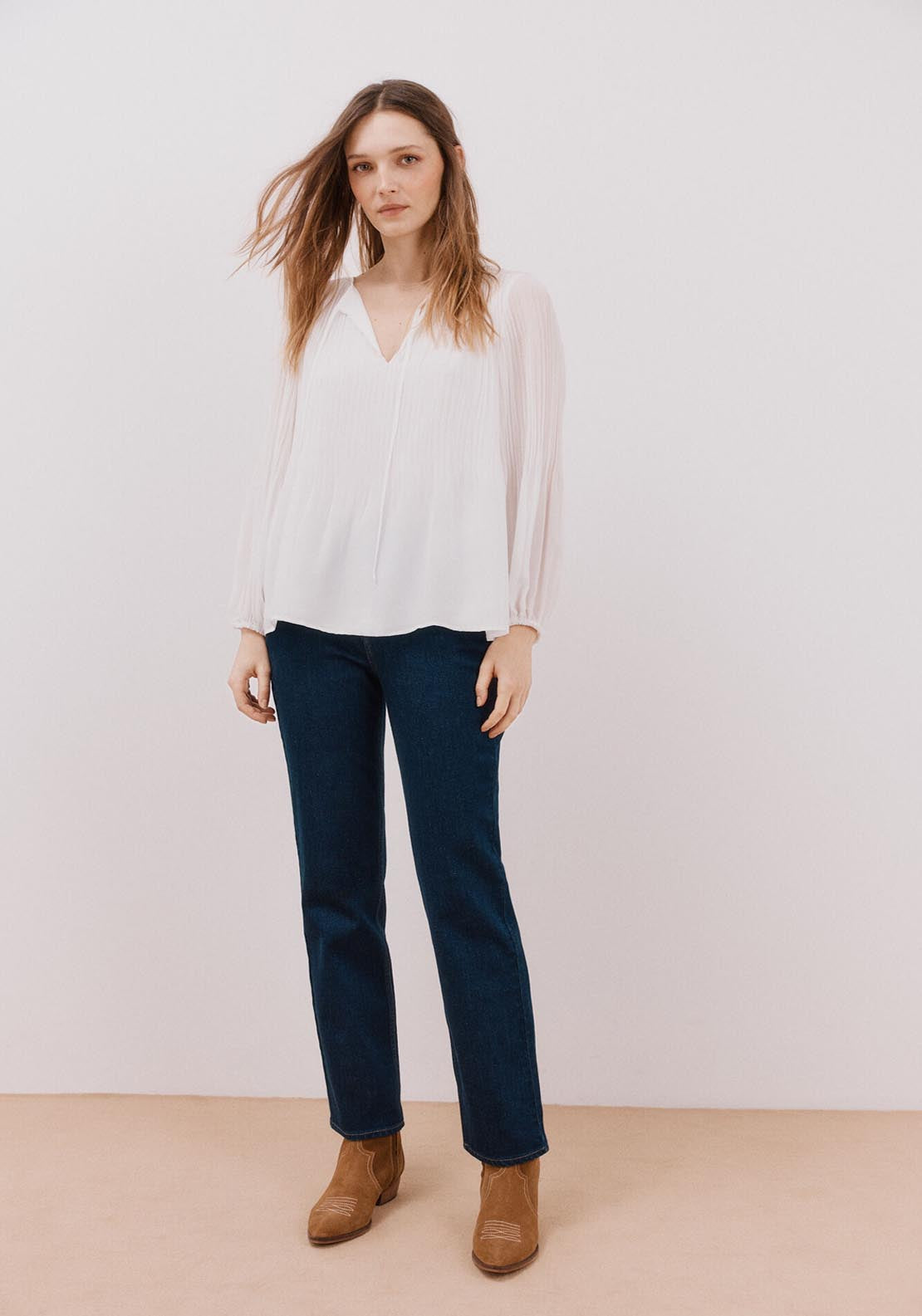 Cortefiel Pleated V Neckline Blouse - White 4 Shaws Department Stores