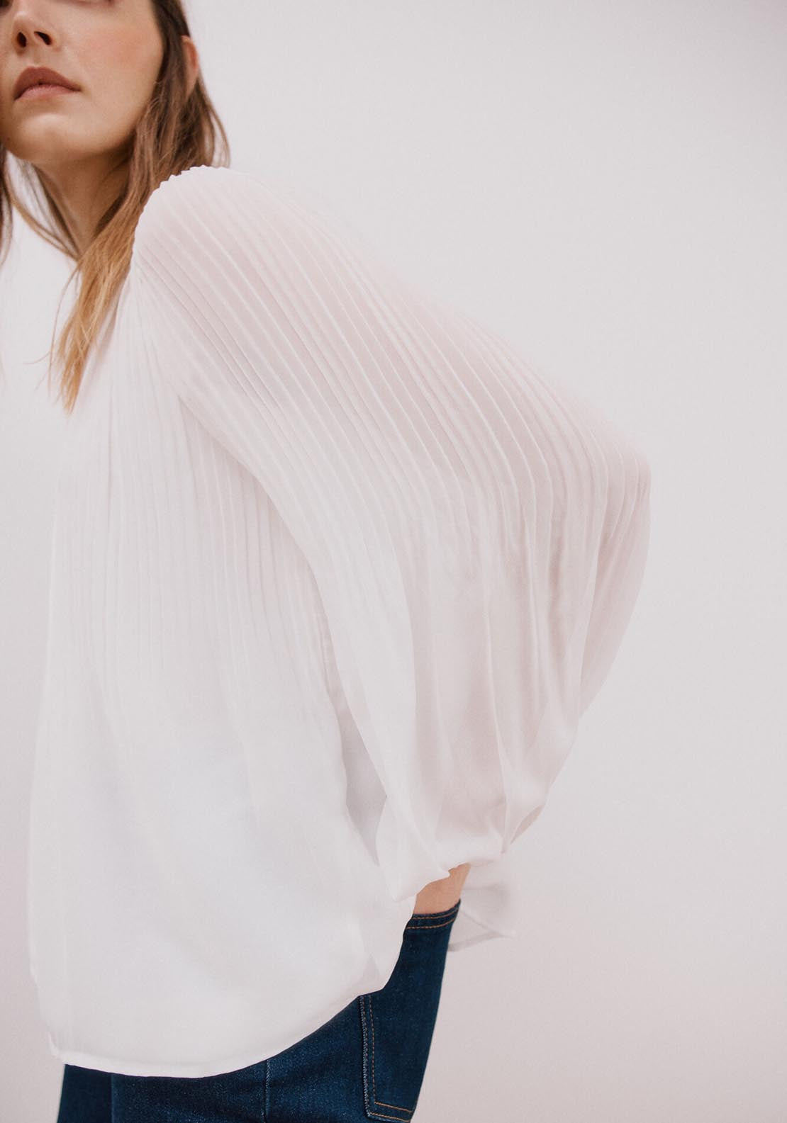 Cortefiel Pleated V Neckline Blouse - White 2 Shaws Department Stores