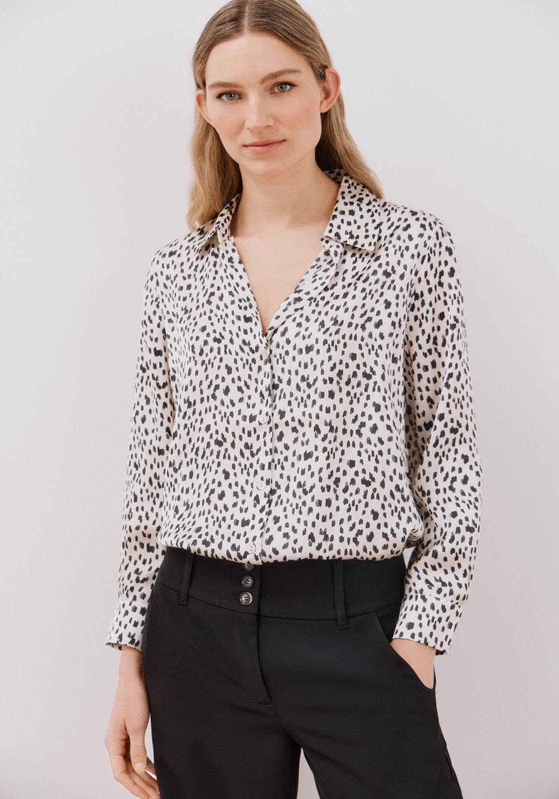Cortefiel Long Sleeve Satin-Finish Blouse - Brown Print 1 Shaws Department Stores