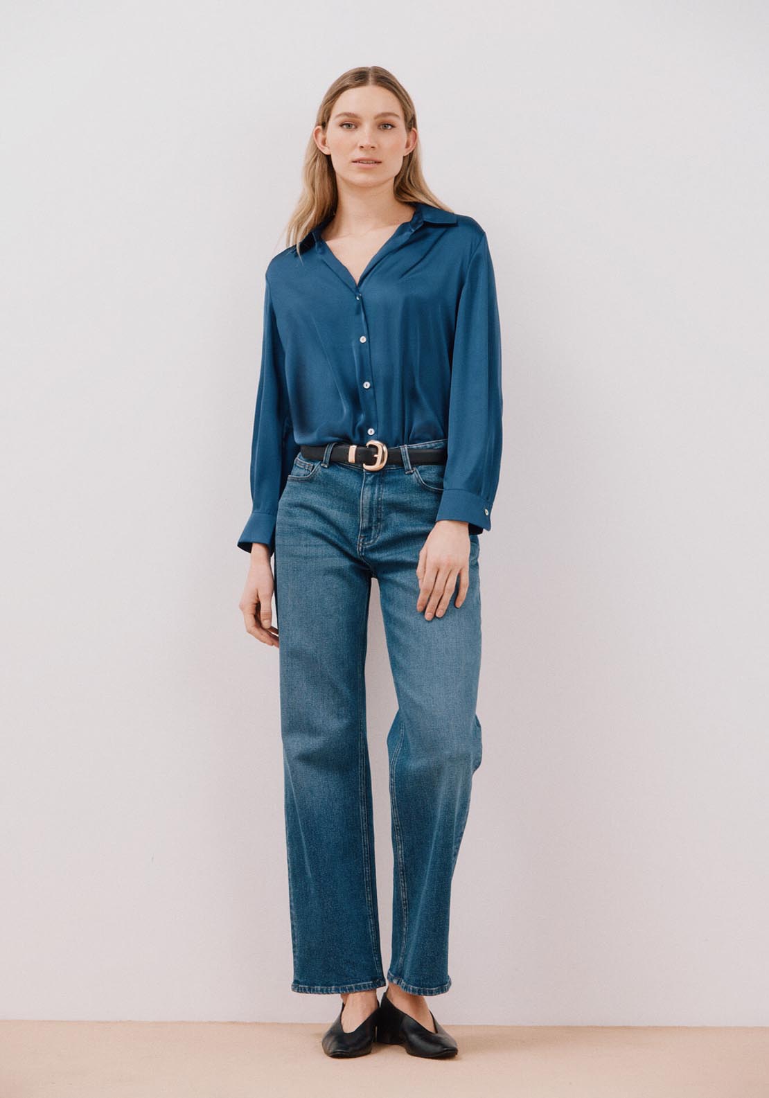 Cortefiel Long Sleeve Satin-Finish Blouse - Blues 3 Shaws Department Stores