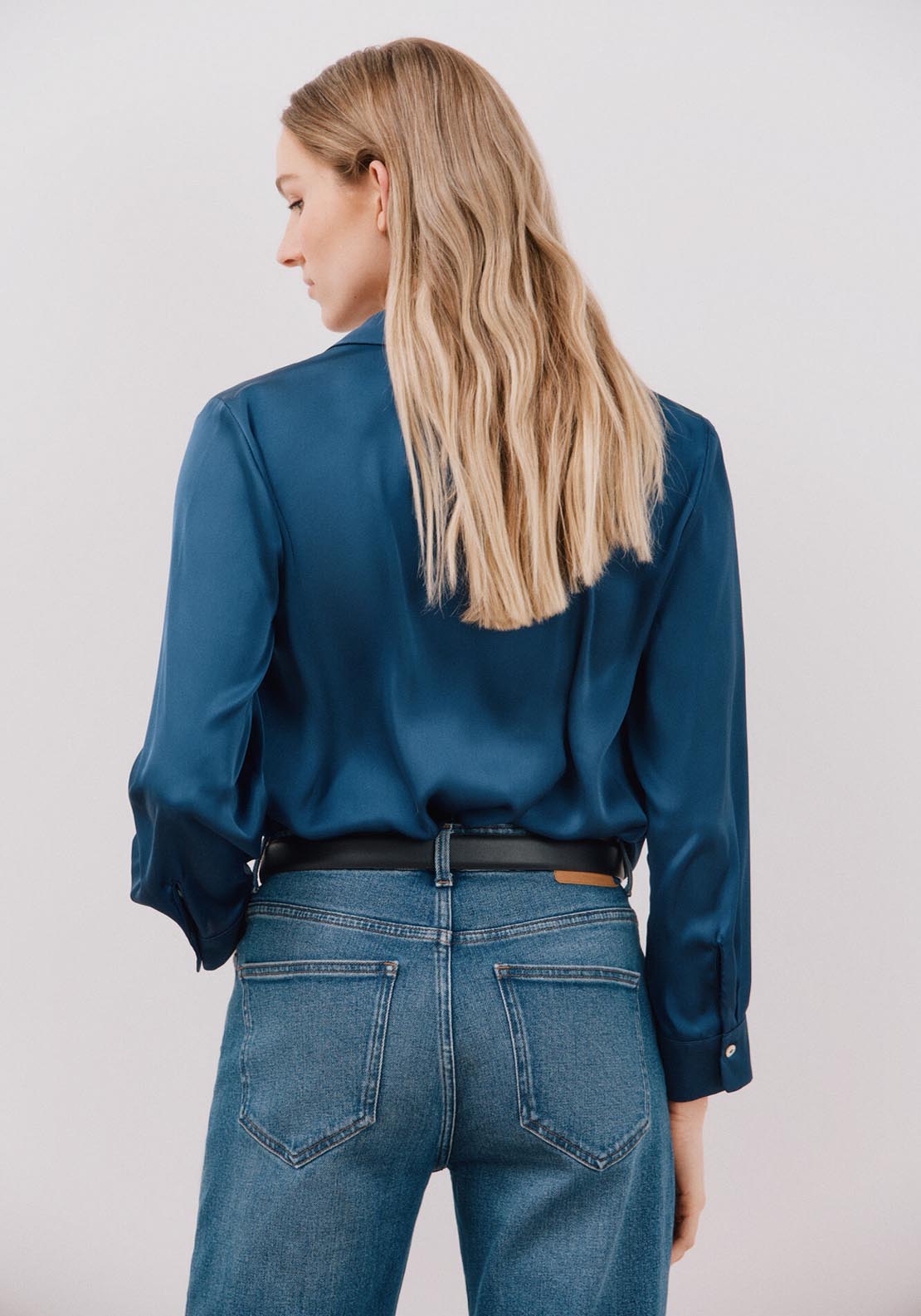 Cortefiel Long Sleeve Satin-Finish Blouse - Blues 4 Shaws Department Stores