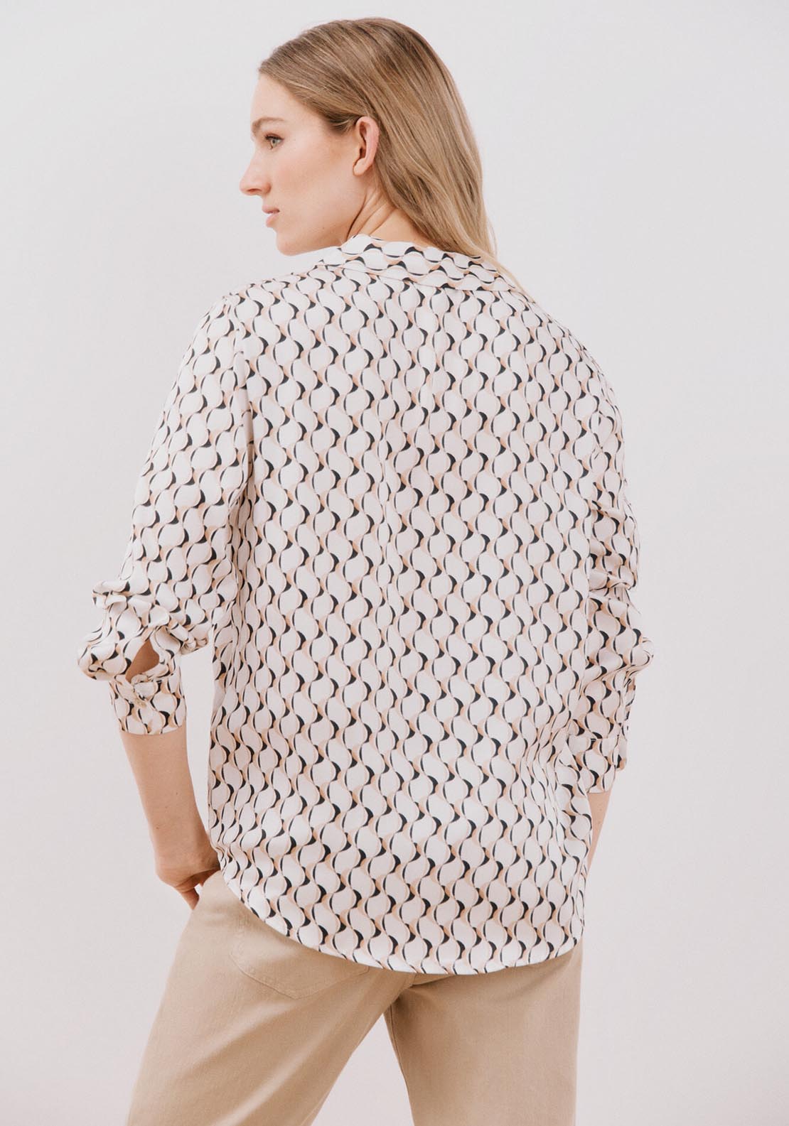 Cortefiel Long Sleeve Satin-Finish Blouse - White Print 5 Shaws Department Stores