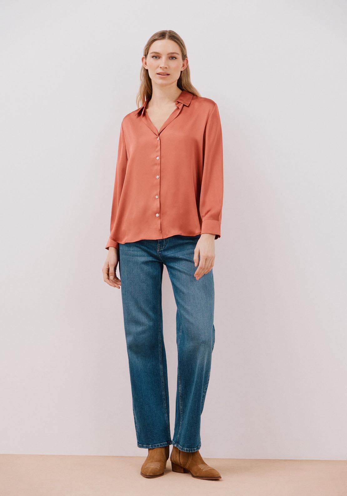 Cortefiel Satin-Finish Shirt - Coral 6 Shaws Department Stores