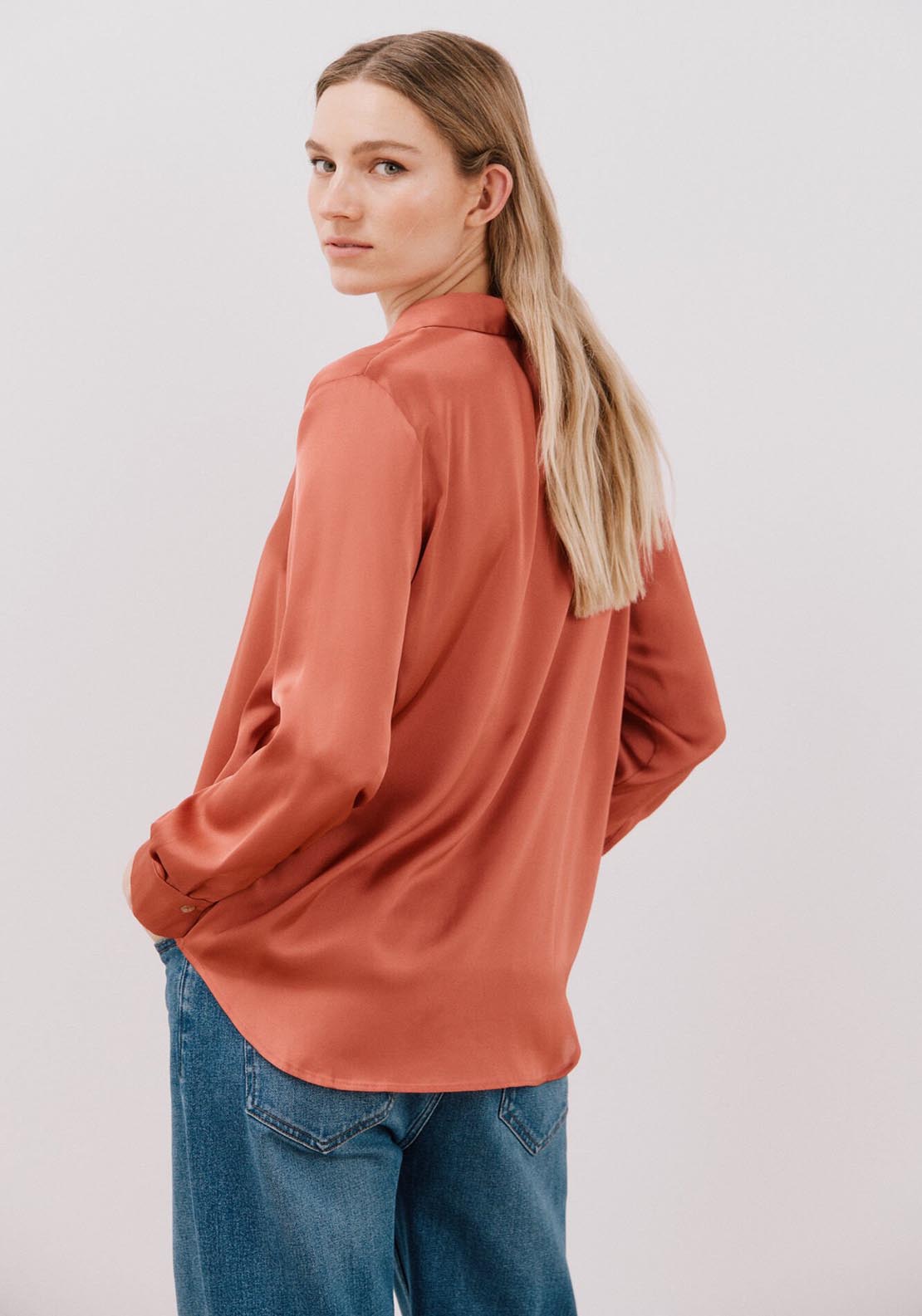 Cortefiel Satin-Finish Shirt - Coral 1 Shaws Department Stores