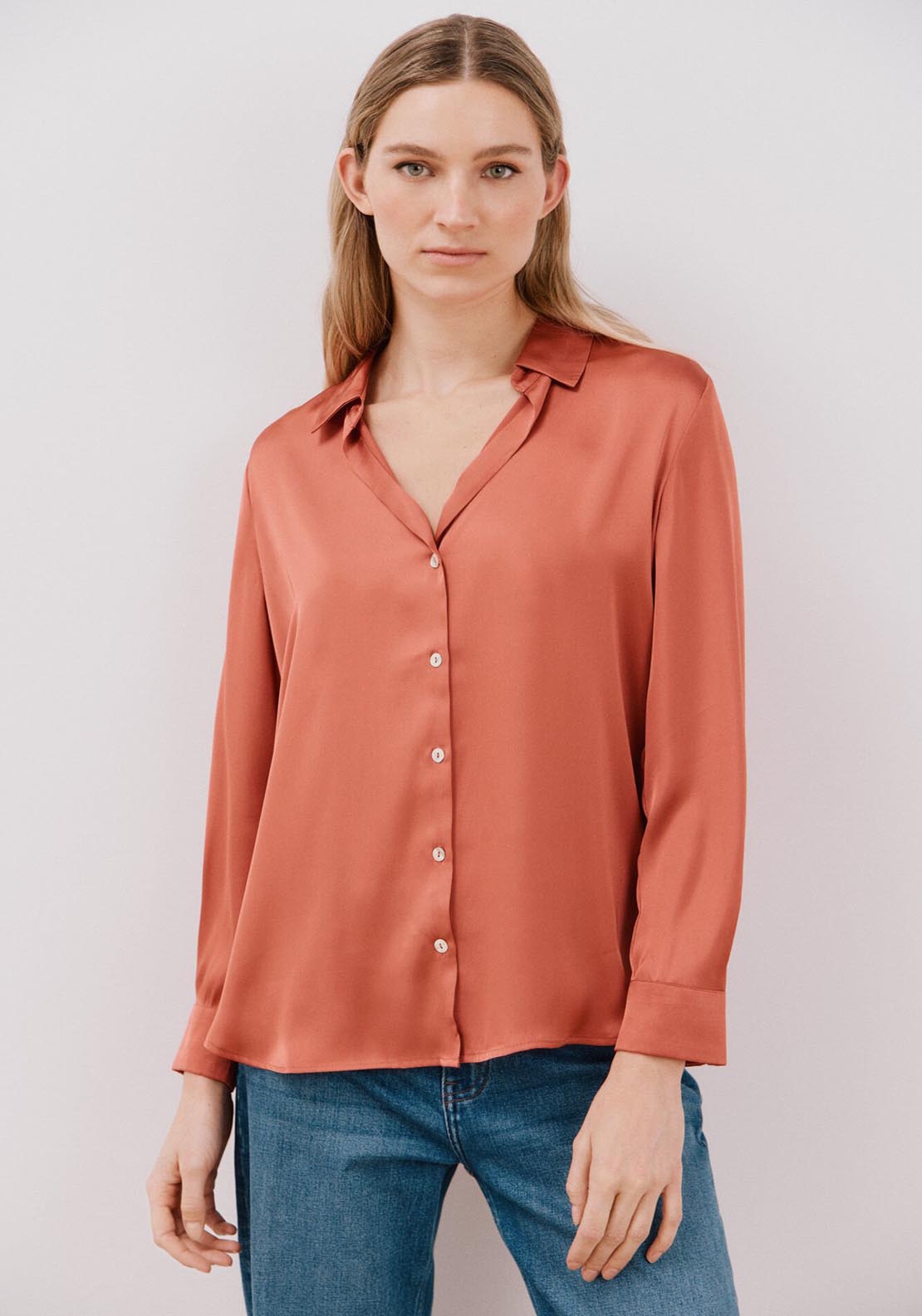 Cortefiel Satin-Finish Shirt - Coral 2 Shaws Department Stores