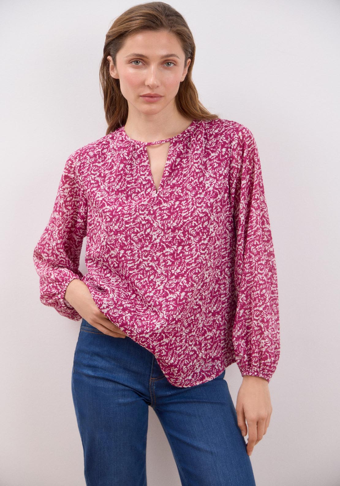 Cortefiel Textured Fabric Blouse - Maroon Print 2 Shaws Department Stores
