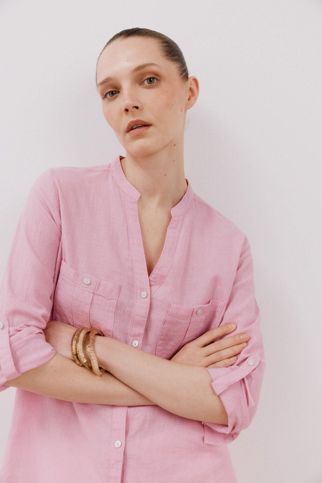 Cortefiel Long Sleeve Linen Shirt with Pockets - Purple/lilac 1 Shaws Department Stores