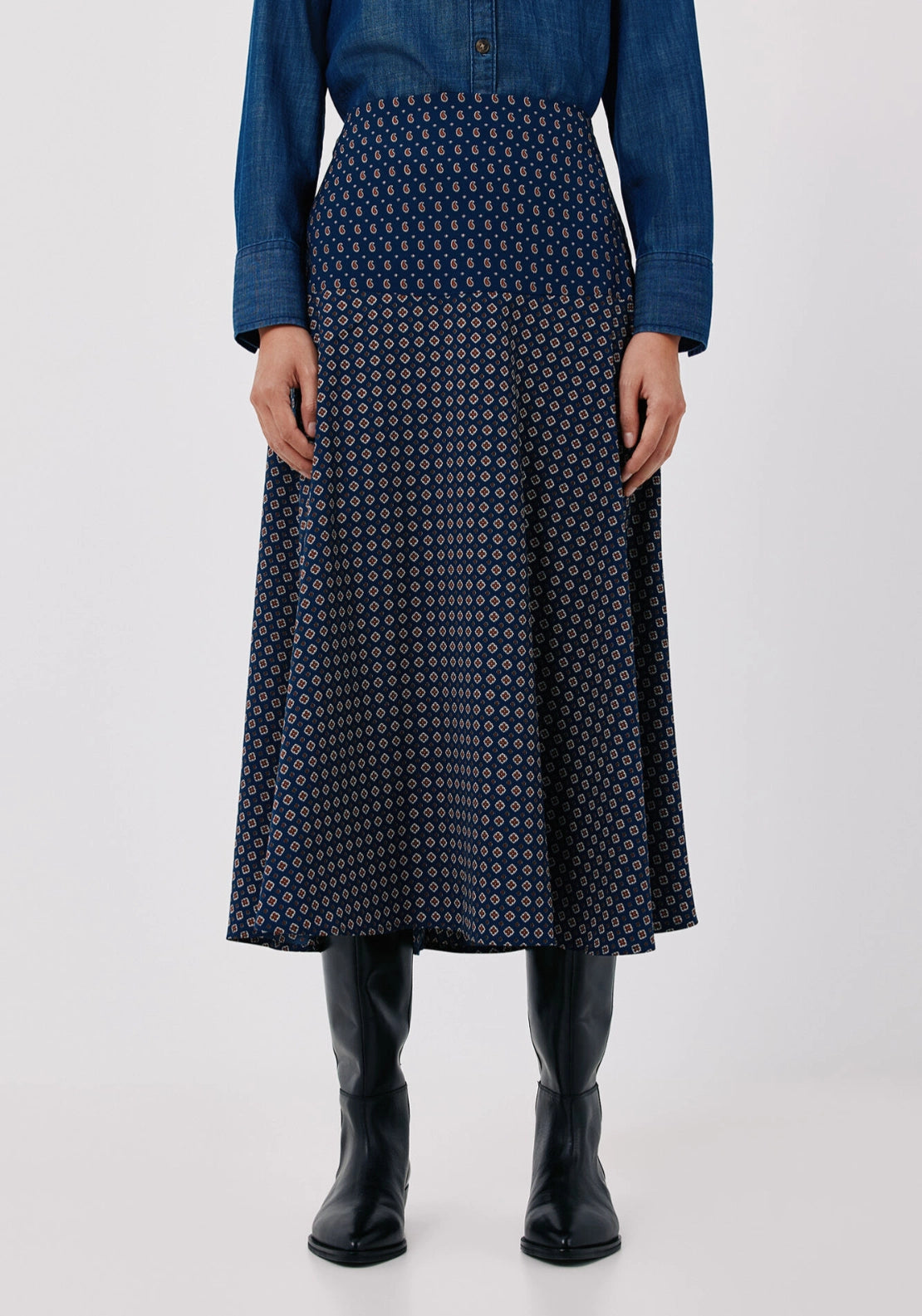 Printed A Line Long Skirt - Blue Print