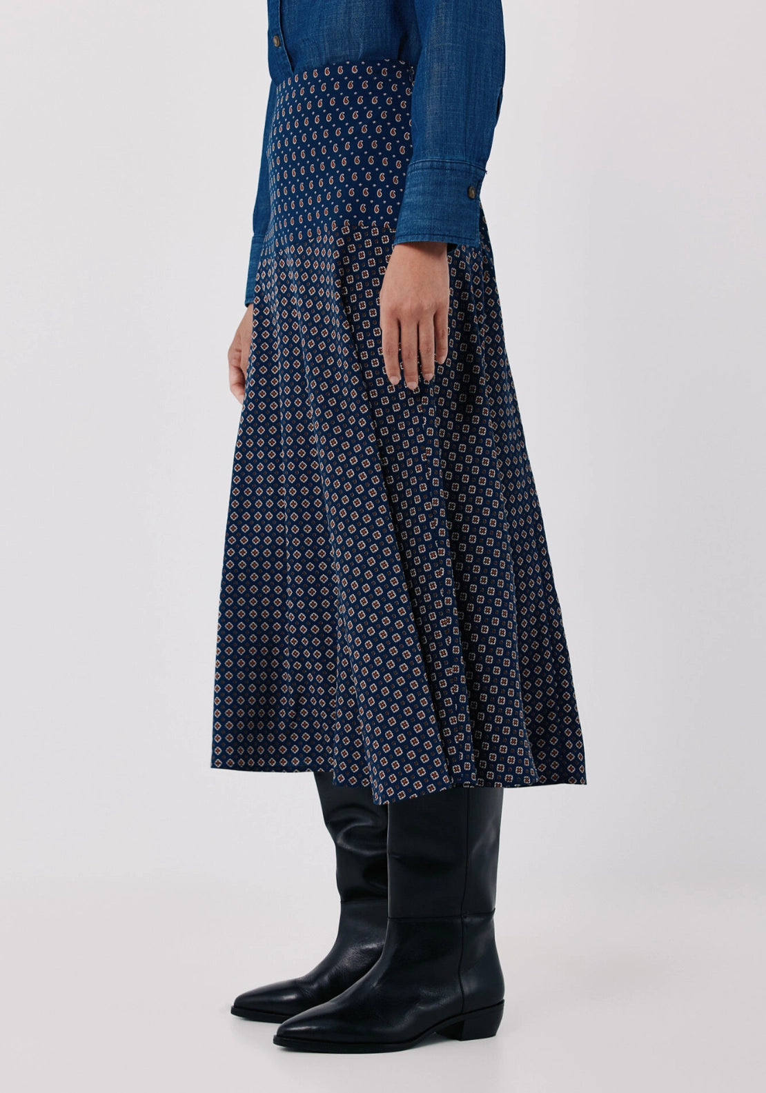 Printed A Line Long Skirt - Blue Print