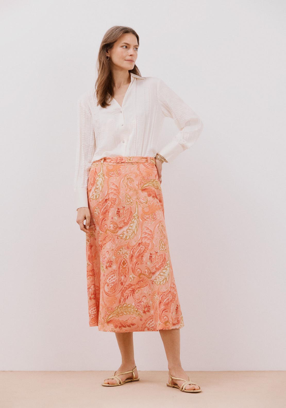 Cortefiel Printed Satin Skirt - Coral 4 Shaws Department Stores