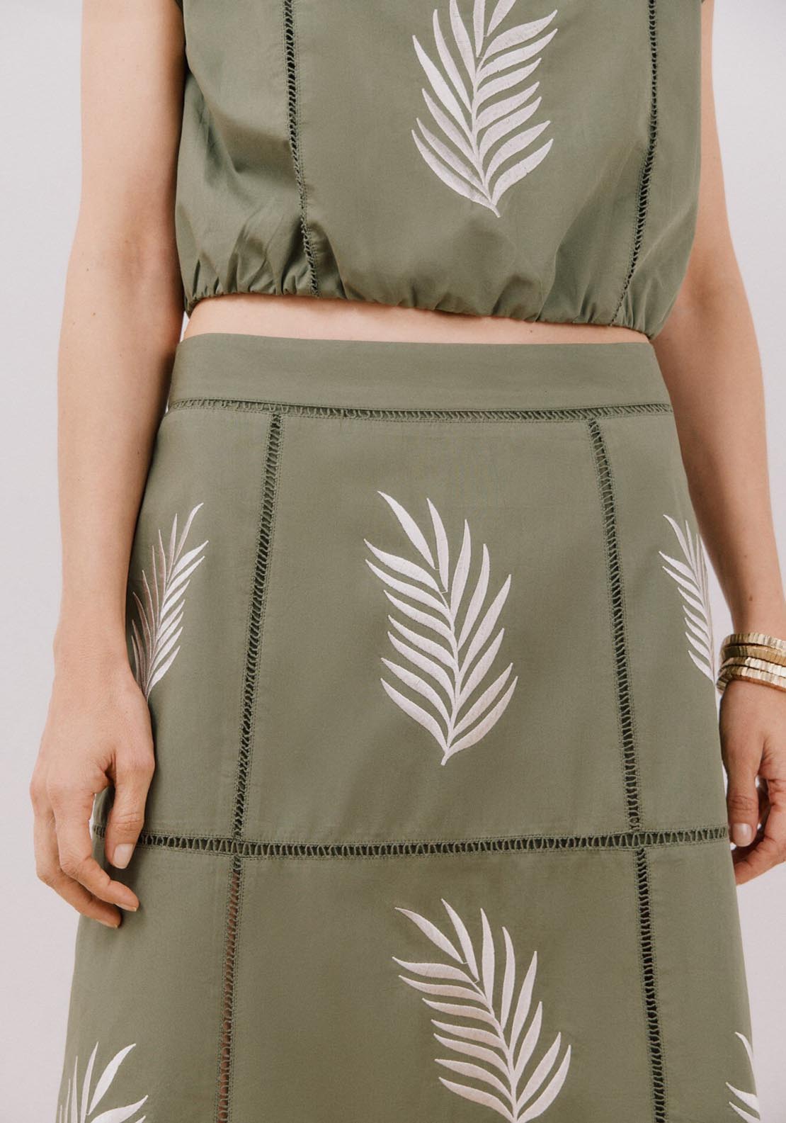 Cortefiel Long Skirt With Embroidered - Dark Khaki 3 Shaws Department Stores