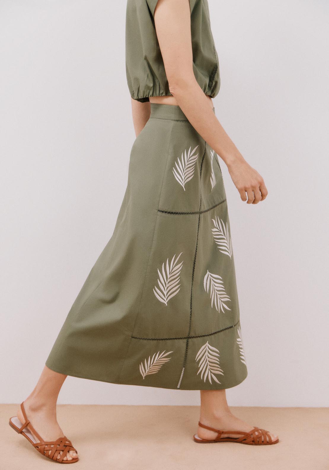 Cortefiel Long Skirt With Embroidered - Dark Khaki 4 Shaws Department Stores