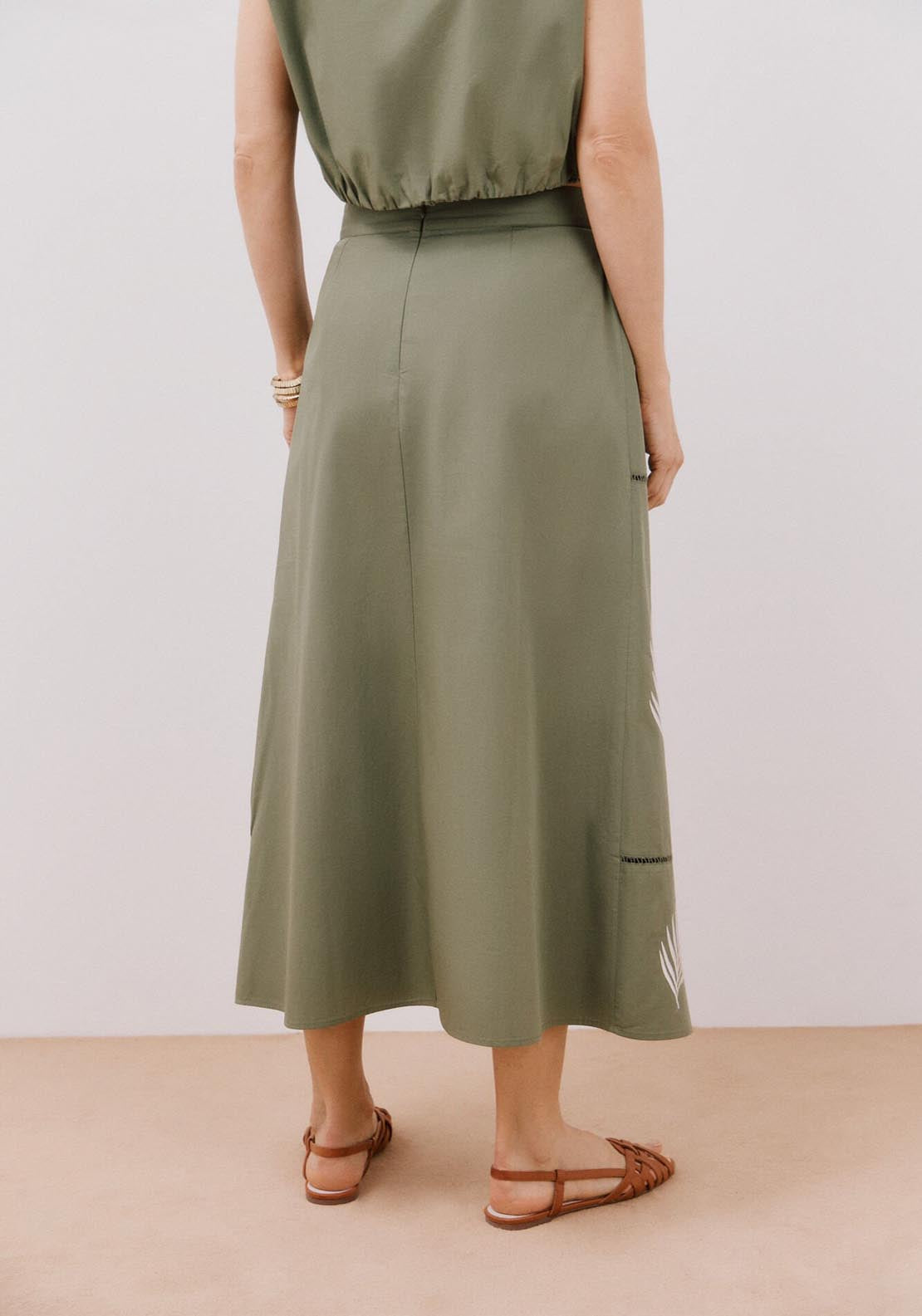 Cortefiel Long Skirt With Embroidered - Dark Khaki 2 Shaws Department Stores