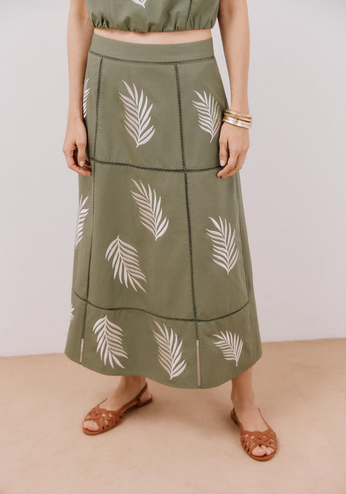 Cortefiel Long Skirt With Embroidered - Dark Khaki 1 Shaws Department Stores