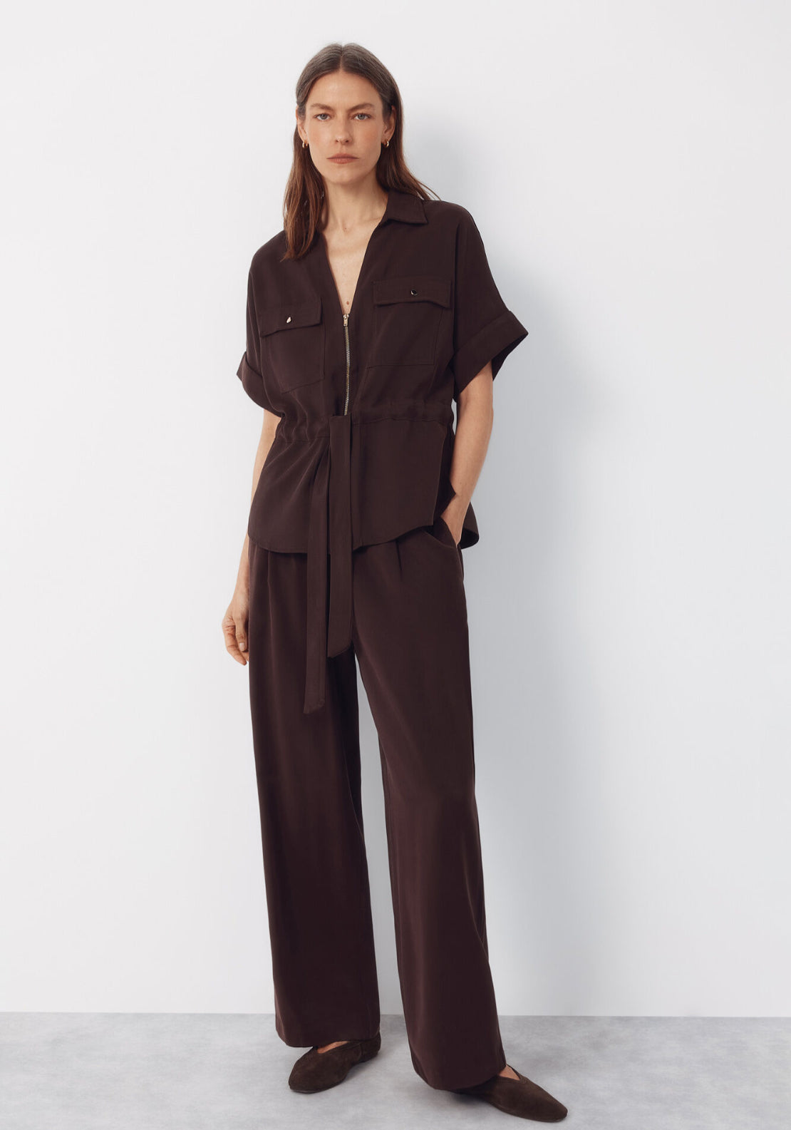 Tencel Trousers With Belt - Dark Brown