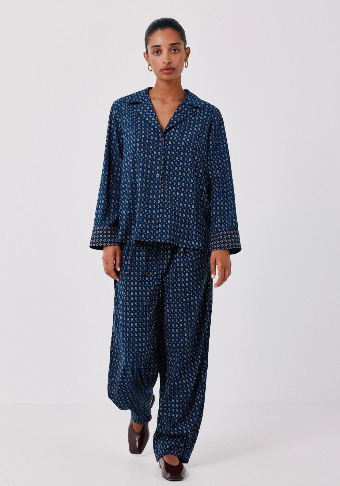 Printed Barrel Fluid Trousers - Blue Print