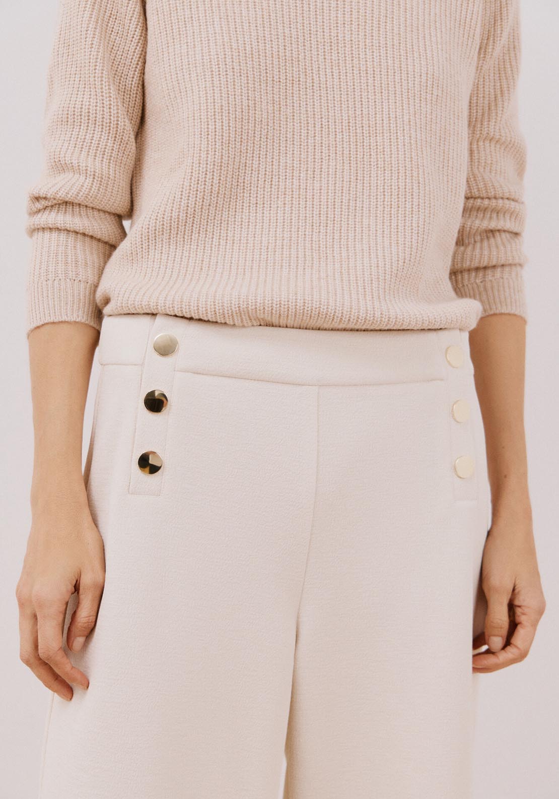 Cortefiel Knit Trousers With Buttons - Ivory 3 Shaws Department Stores