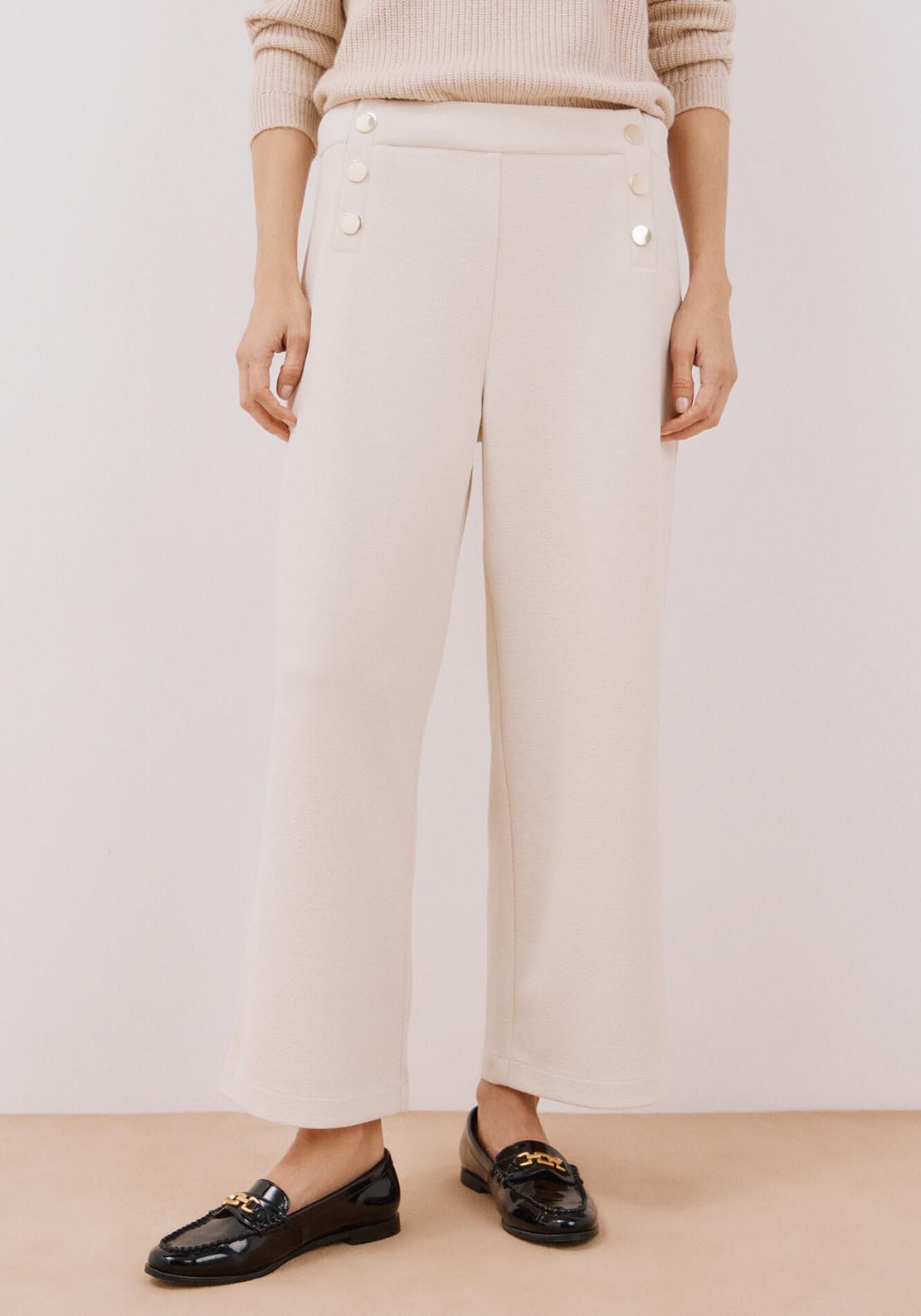Cortefiel Knit Trousers With Buttons - Ivory 1 Shaws Department Stores