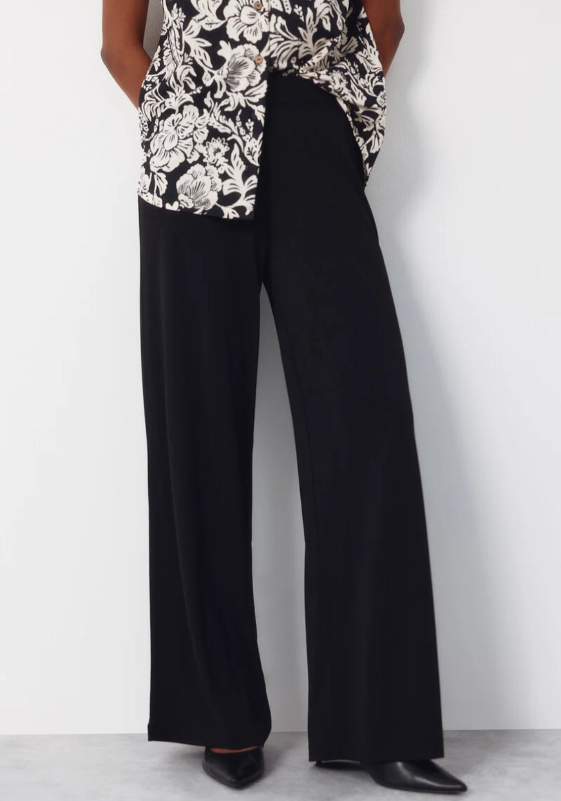 Cortefiel Wide Leg Elastic Waist Trousers - Black 1 Shaws Department Stores