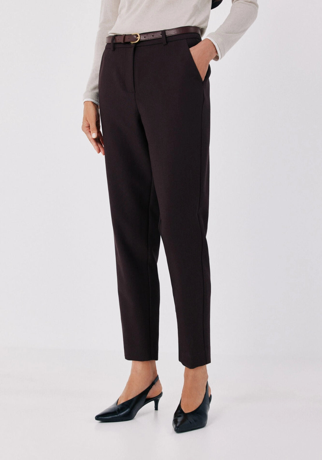Tailored Trousers With Belt - Dark Brown