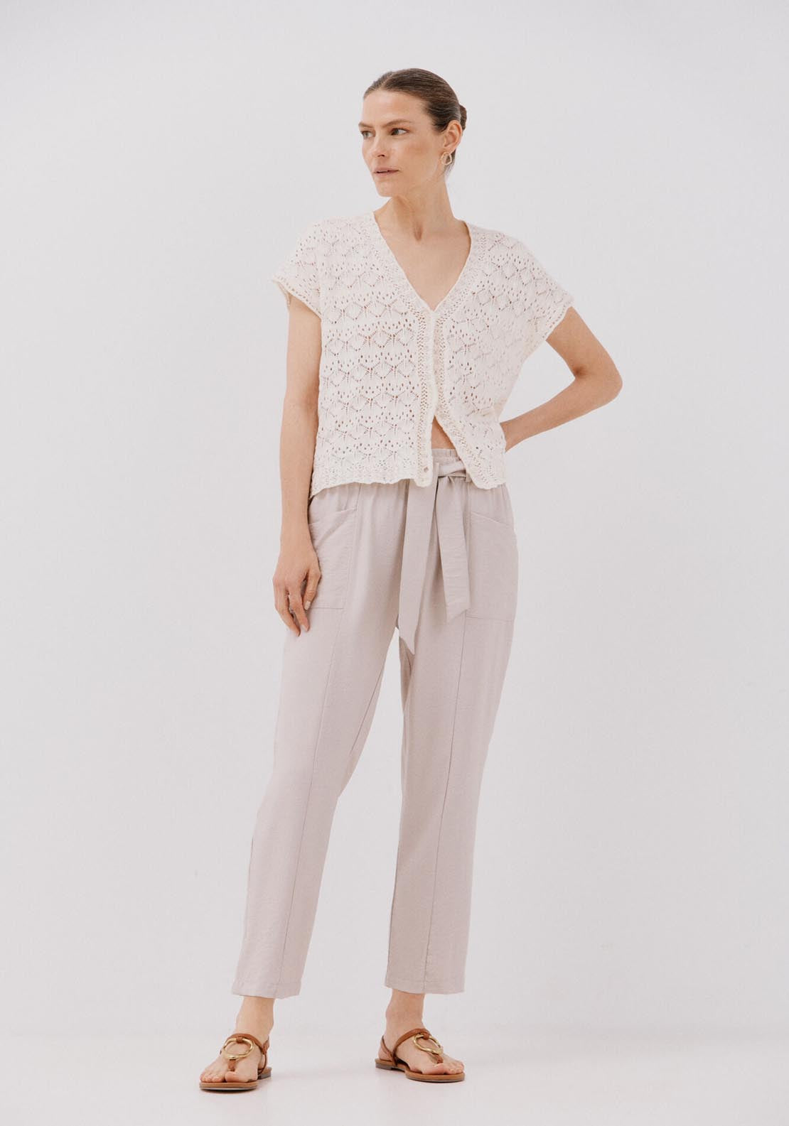 Cortefiel Fluid Belted Trousers - Beige 5 Shaws Department Stores