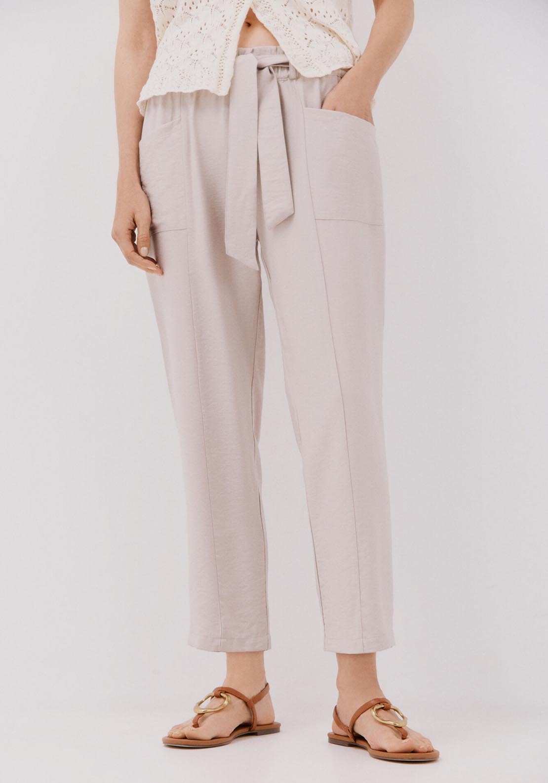 Cortefiel Fluid Belted Trousers - Beige 1 Shaws Department Stores