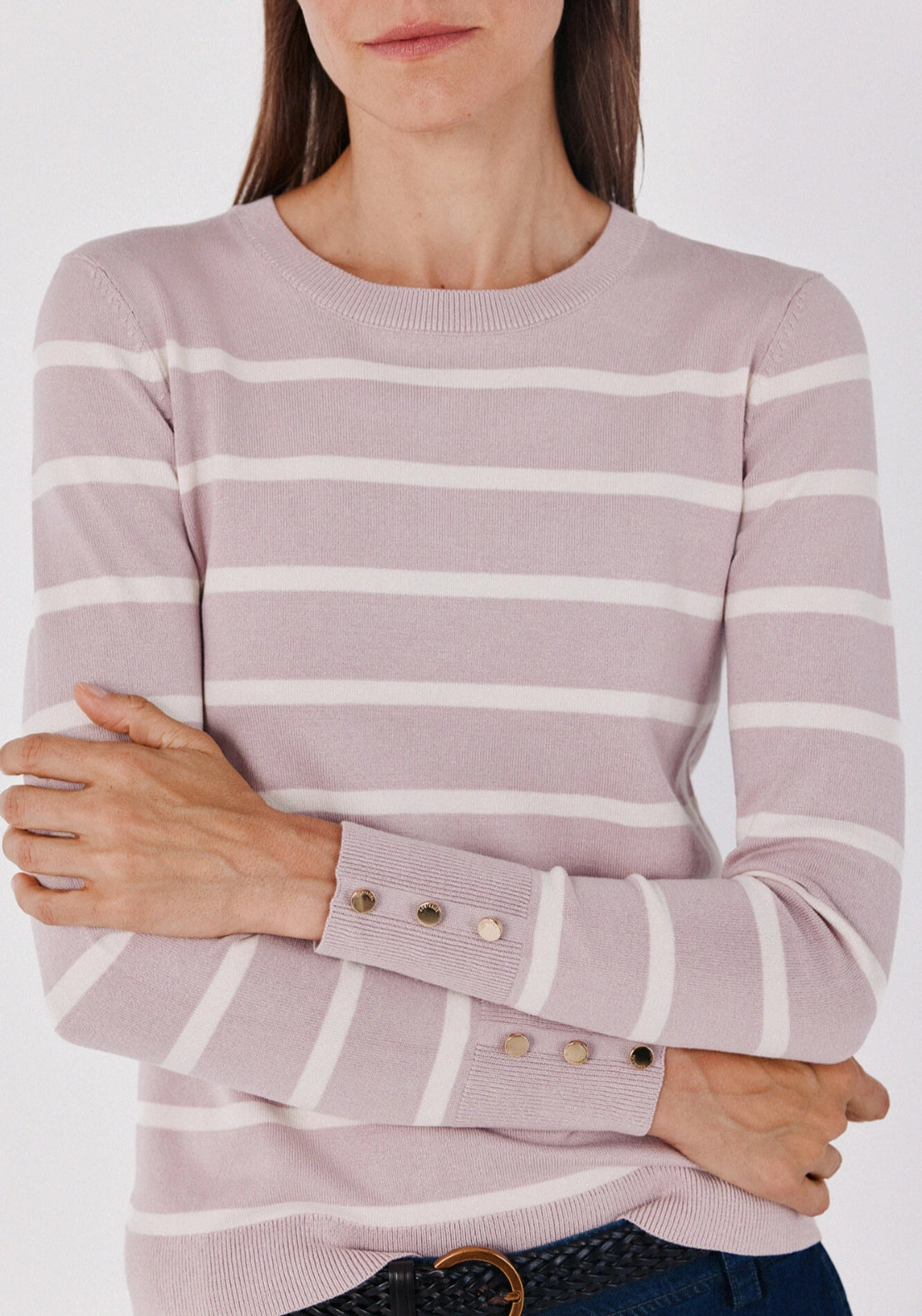 Striped Crew Neck Fine Knit Jumper - Pink