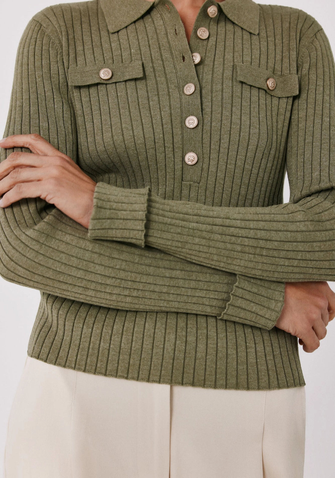 Ribbed Polo Neck Jumper - Medium Khaki