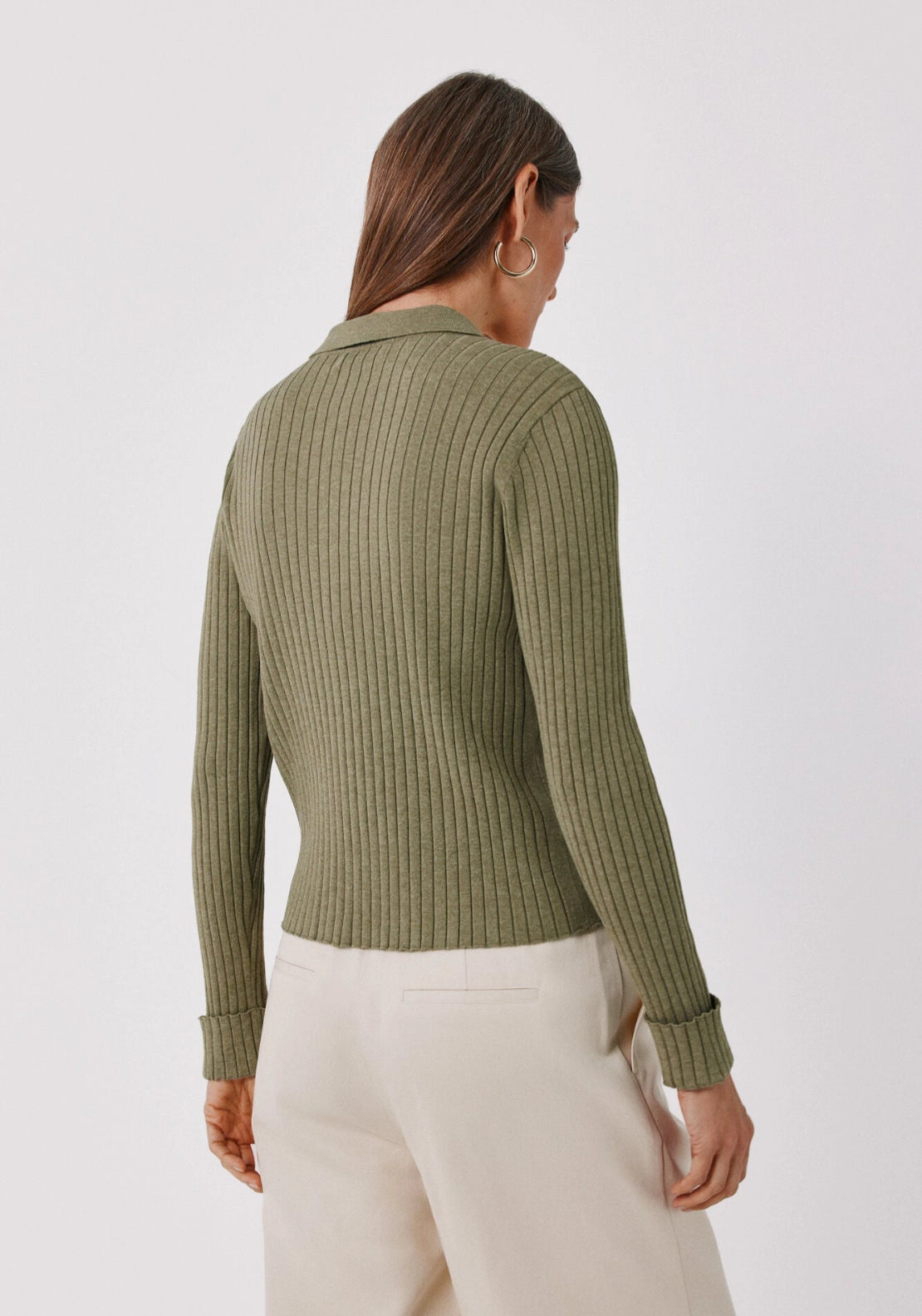 Ribbed Polo Neck Jumper - Medium Khaki