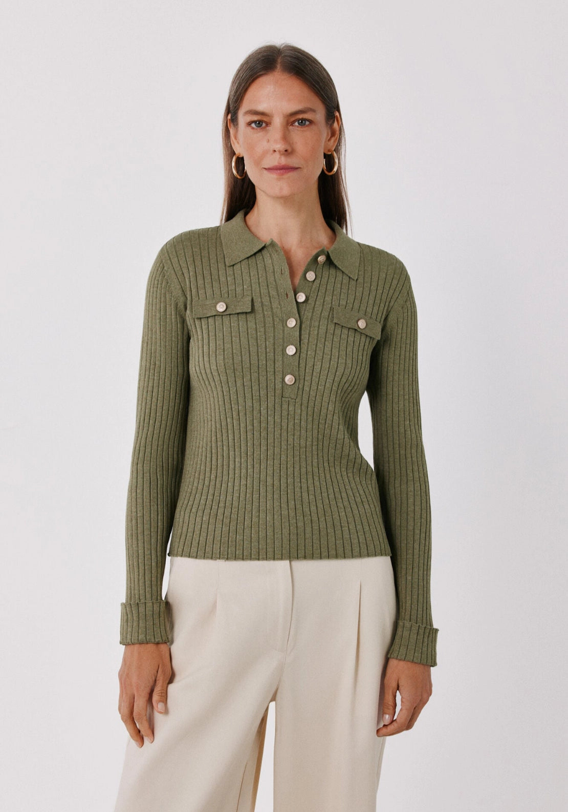 Ribbed Polo Neck Jumper - Medium Khaki