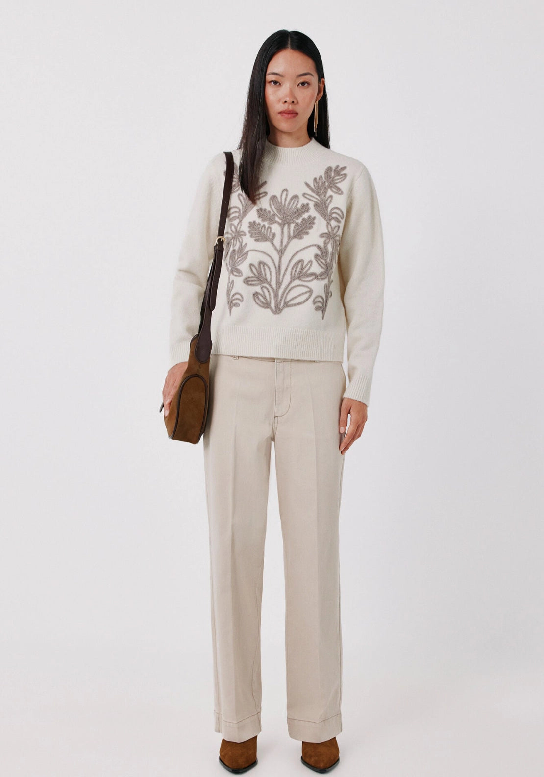 Floral Embroidered Knit Jumper - Beige/camel