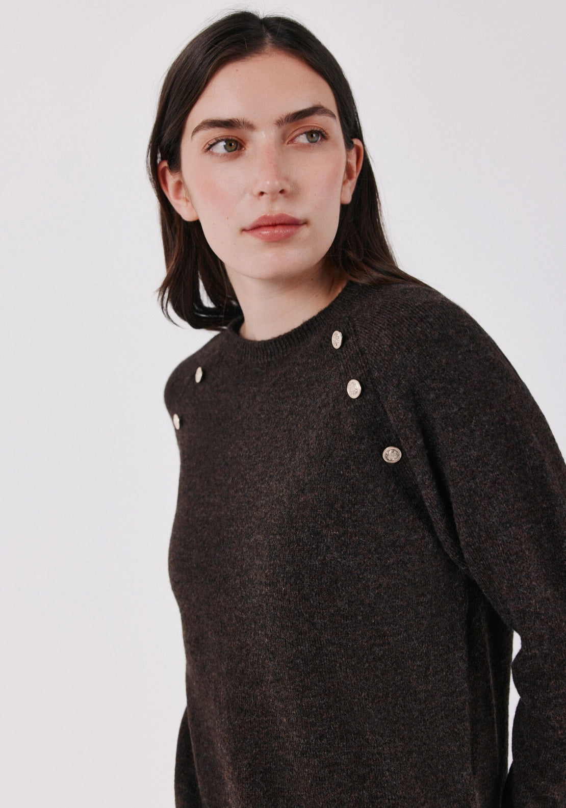 Button Accent Soft Jumper - Dark Brown