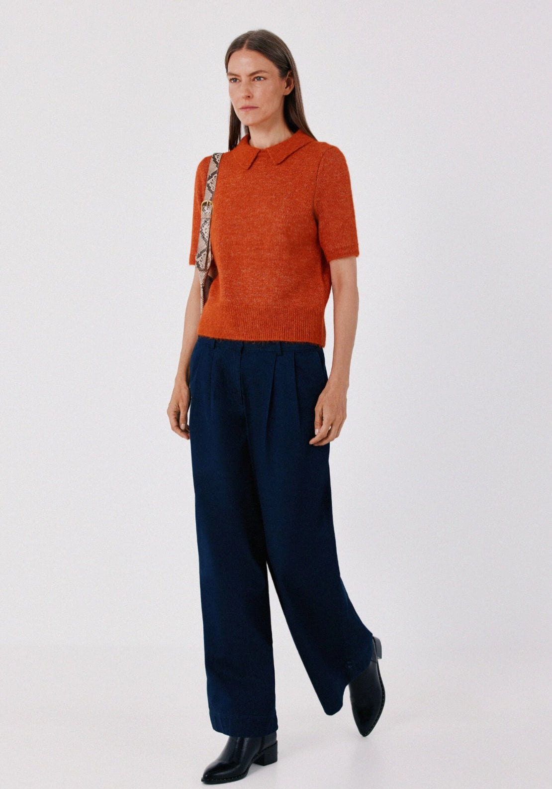 Short Sleeve Polo Neck Jumper - Orange