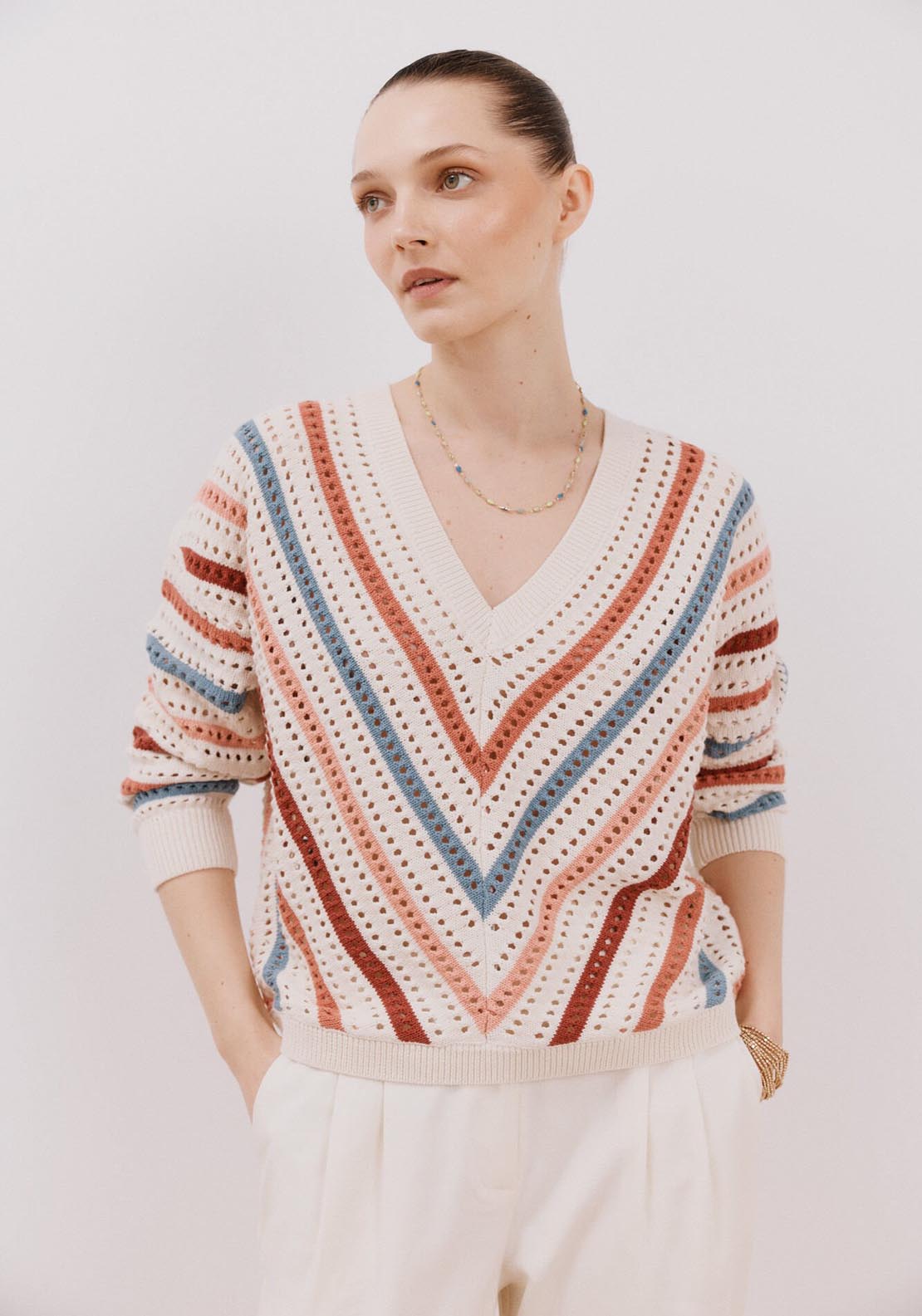 Cortefiel Openwork Striped Jumper - White Print 3 Shaws Department Stores