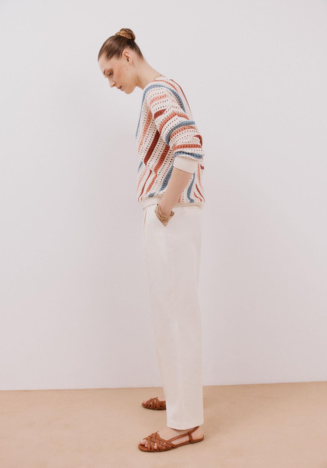 Cortefiel Openwork Striped Jumper - White Print 4 Shaws Department Stores