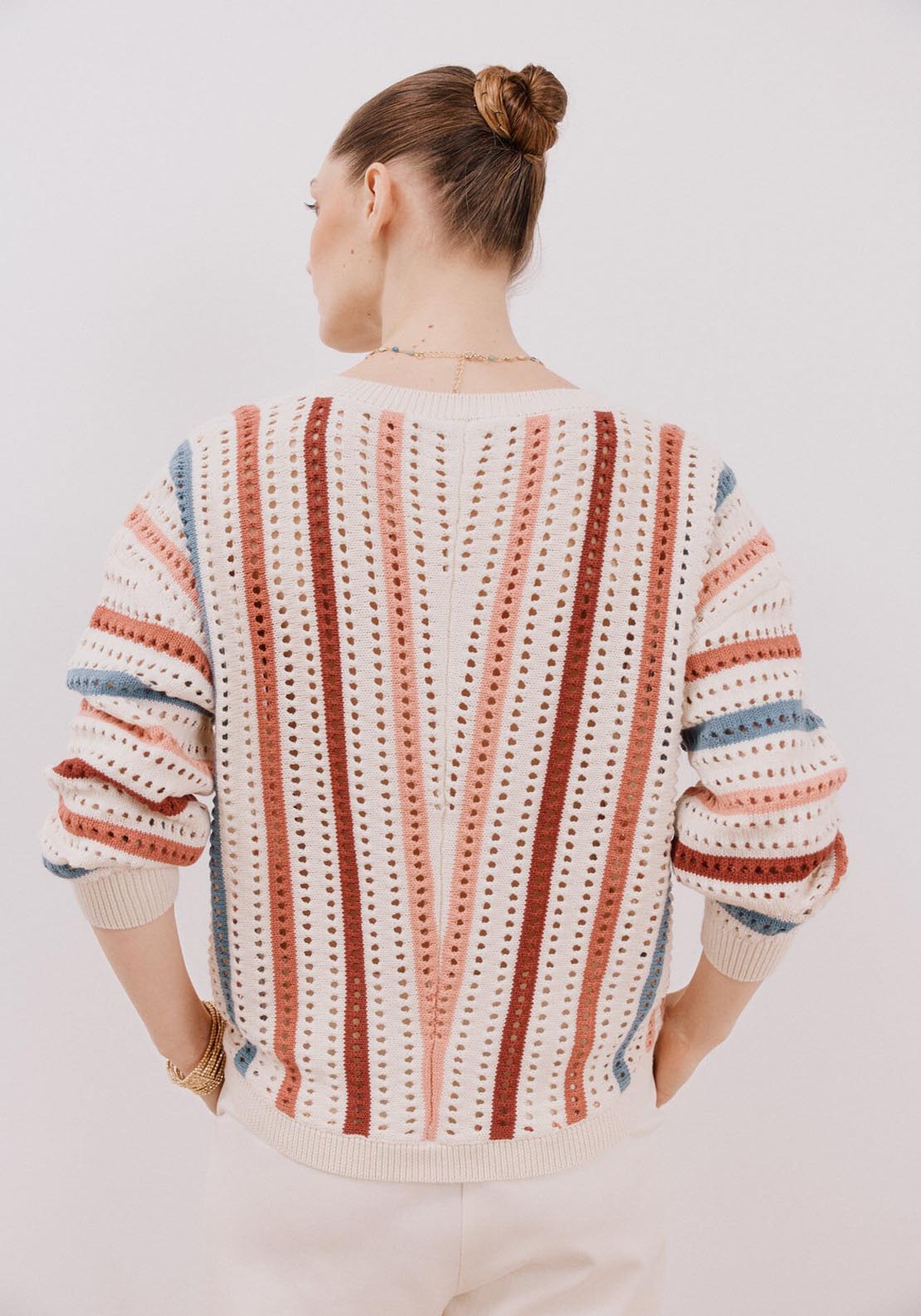 Cortefiel Openwork Striped Jumper - White Print 5 Shaws Department Stores