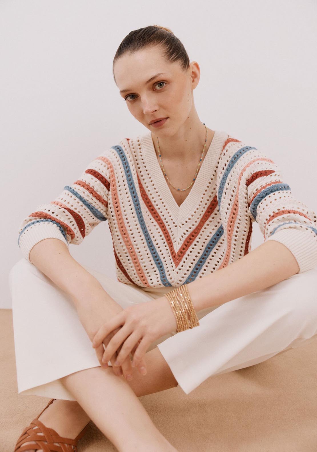 Cortefiel Openwork Striped Jumper - White Print 1 Shaws Department Stores