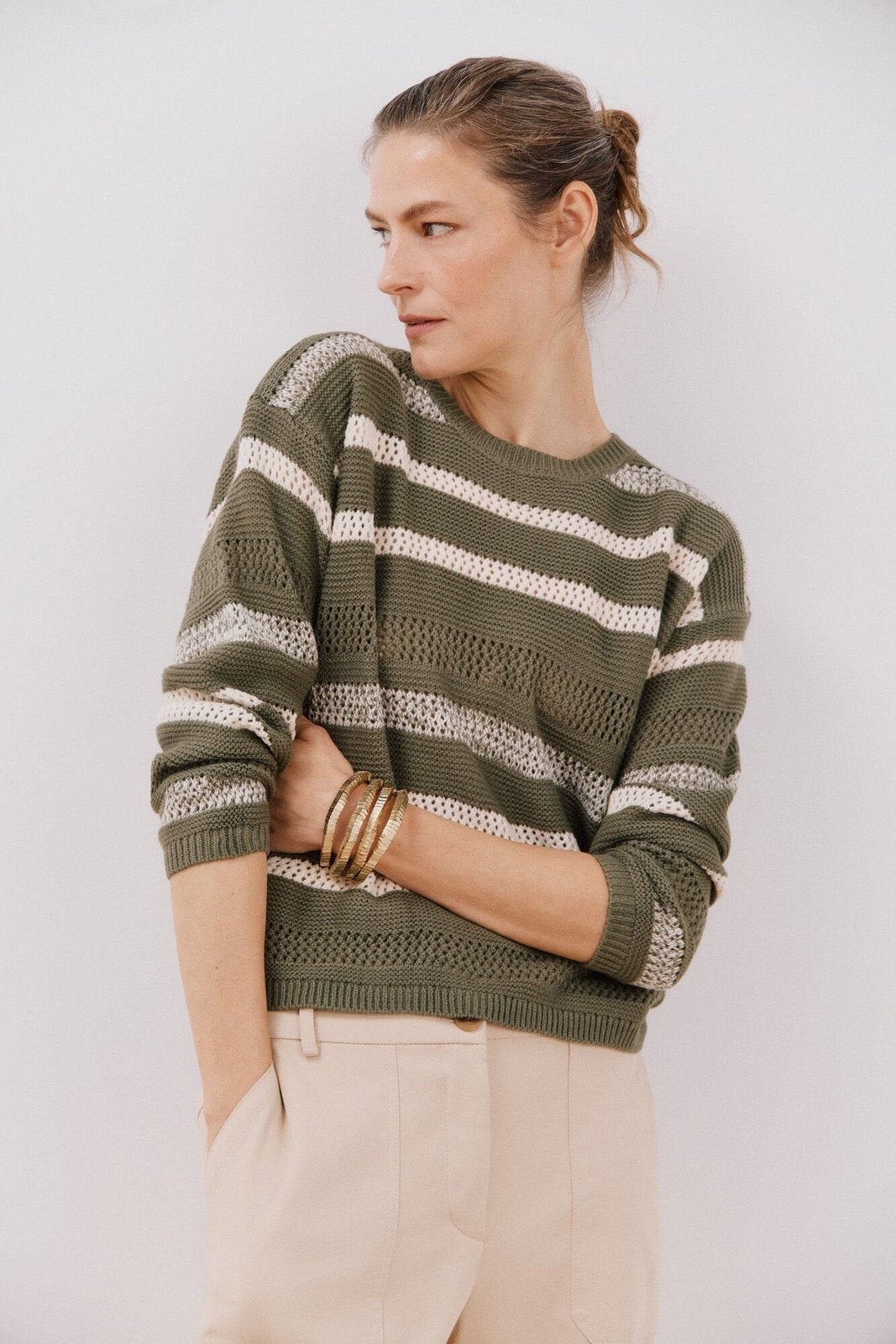 Cortefiel Two-tone striped jumper - Light Khaki 1 Shaws Department Stores