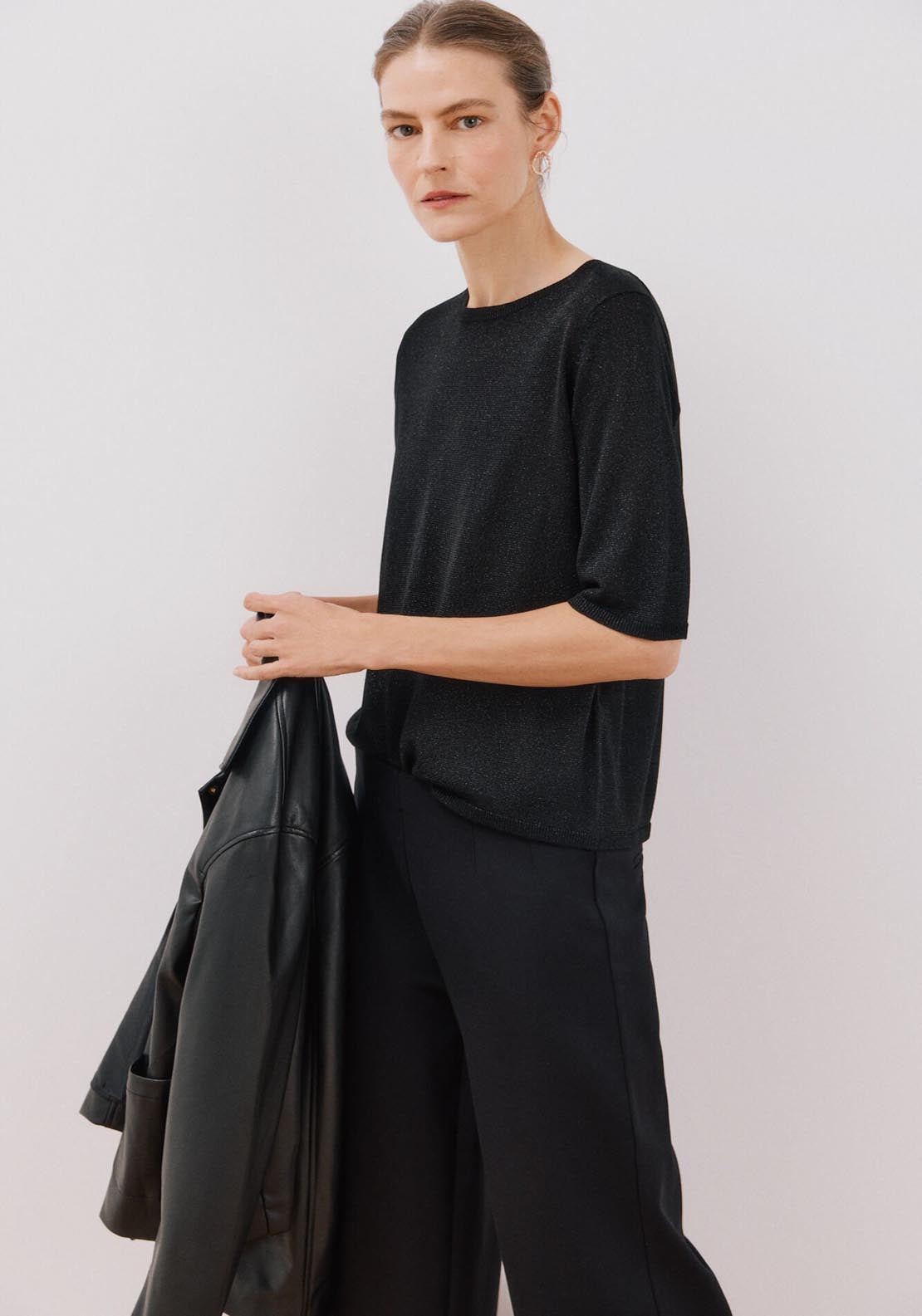 Cortefiel Short Sleeve Crew Neck Top With Lurex - Black 6 Shaws Department Stores