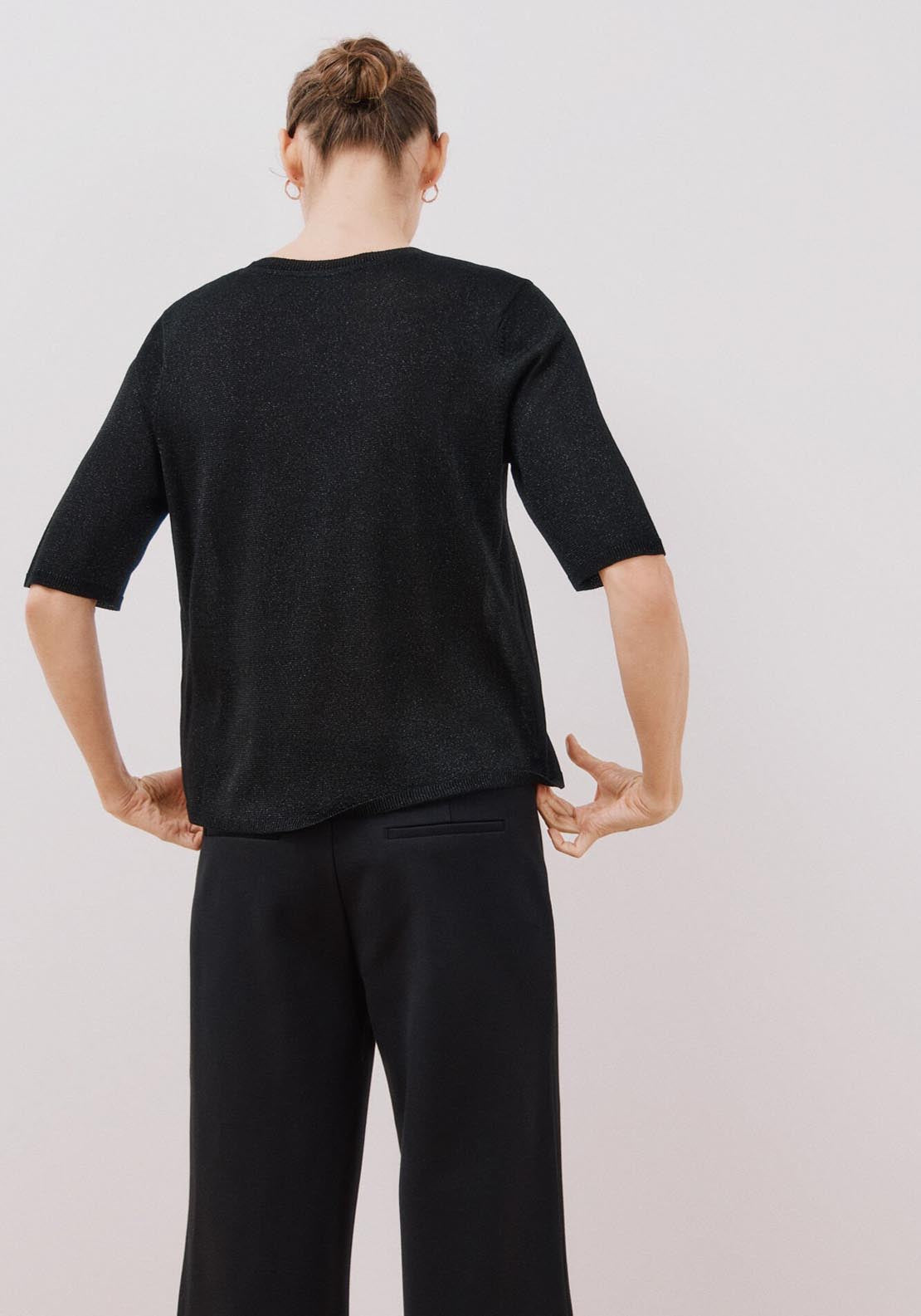 Cortefiel Short Sleeve Crew Neck Top With Lurex - Black 7 Shaws Department Stores
