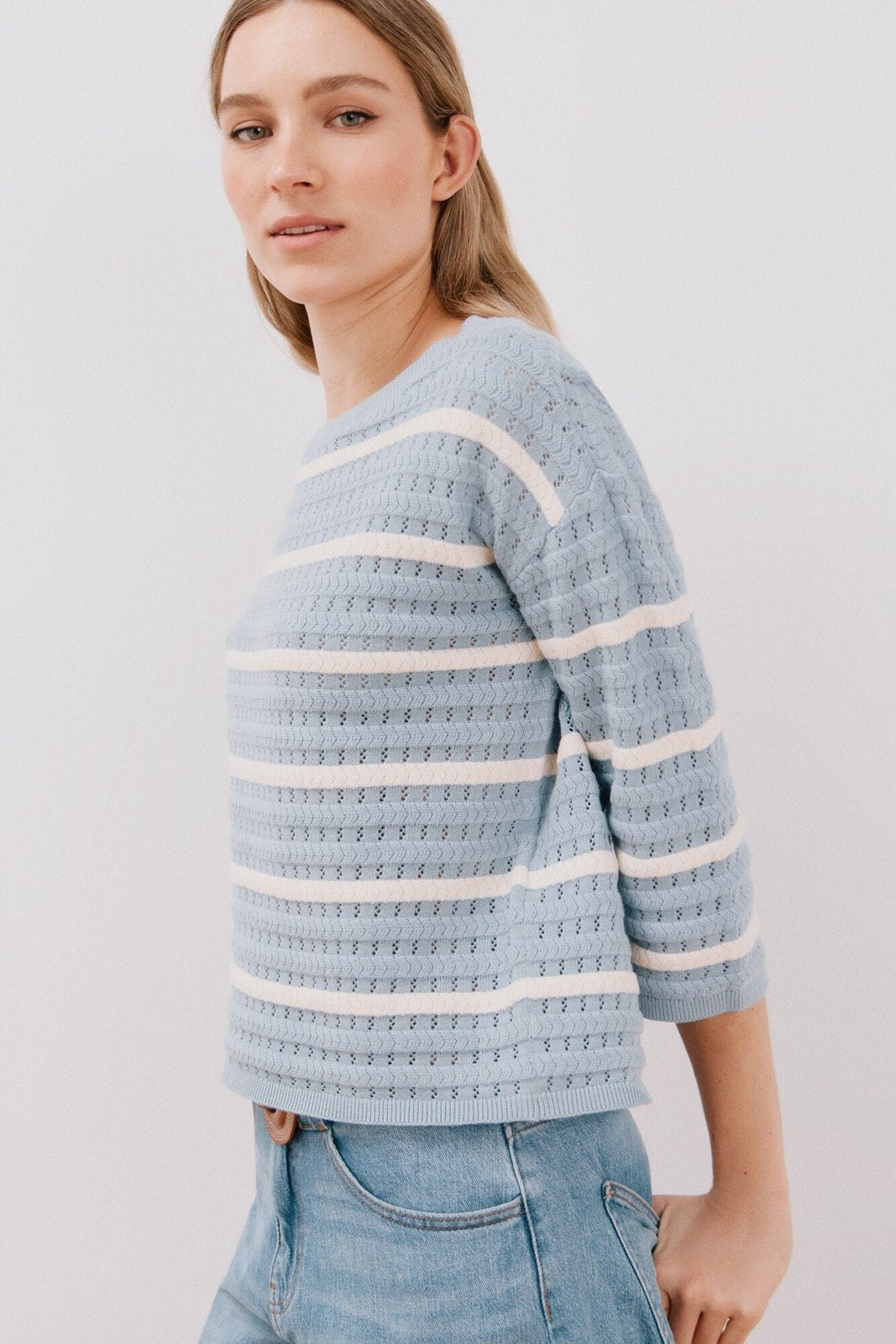 Cortefiel Two-tone striped jumper - Light Blue 6 Shaws Department Stores