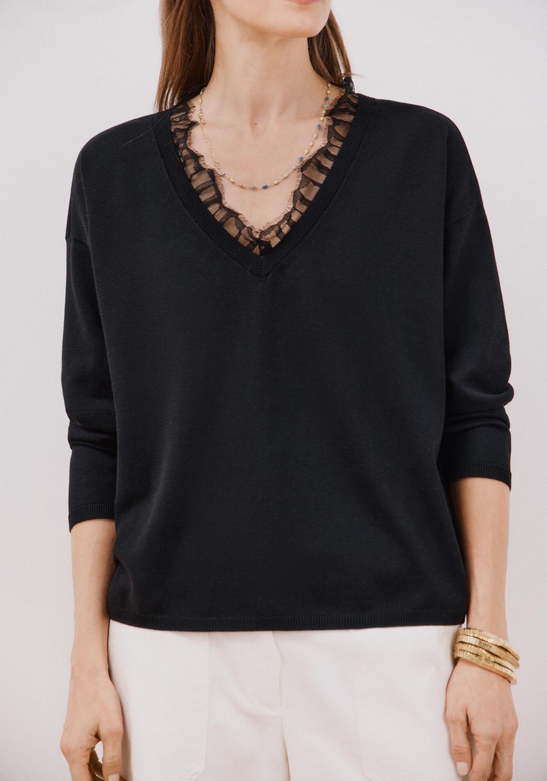 Cortefiel Lace V Lace Jumper - Black 1 Shaws Department Stores
