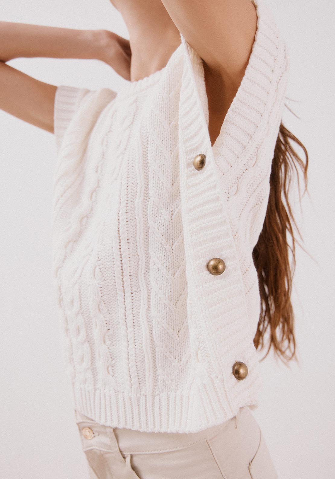 Cortefiel Side Button Vest - Cream 3 Shaws Department Stores