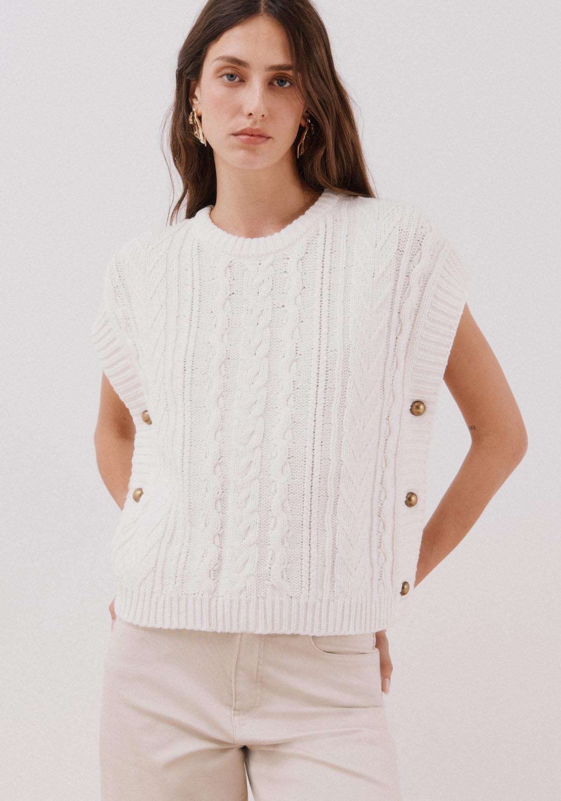 Cortefiel Side Button Vest - Cream 1 Shaws Department Stores