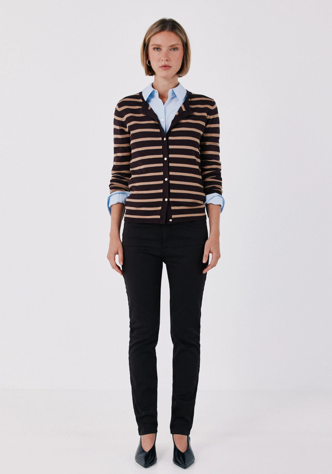 Striped Knit Cardigan - Brown